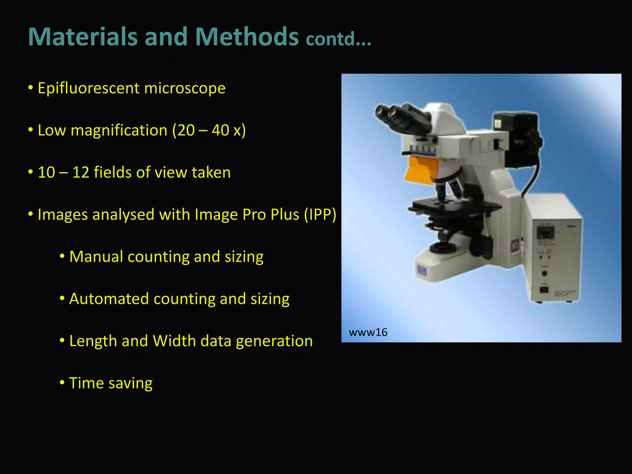 Materials and Methods contd...
• Epifluorescent microscope
• Low magnification (20 – 40 x)
• 10 – 12 fields of view taken
• Images analysed with Image Pro Plus (IPP)
• Manual counting and sizing
• Automated counting and sizing
• Length and Width data generation
• Time saving
www16
 