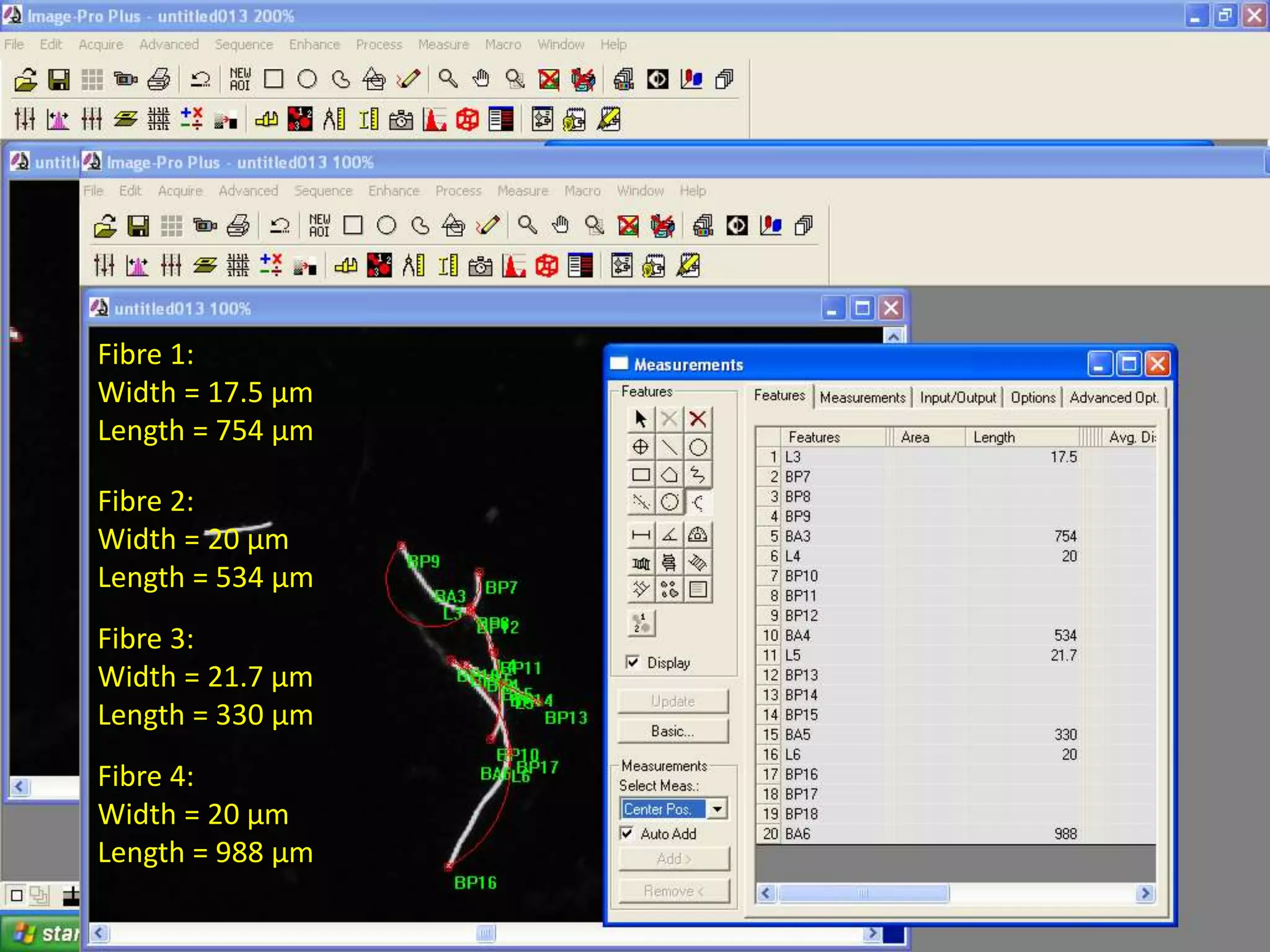 Fibre 1:
Width = 17.5 µm
Length = 754 µm
Fibre 2:
Width = 20 µm
Length = 534 µm
Fibre 3:
Width = 21.7 µm
Length = 330 µm
Fibre 4:
Width = 20 µm
Length = 988 µm
 