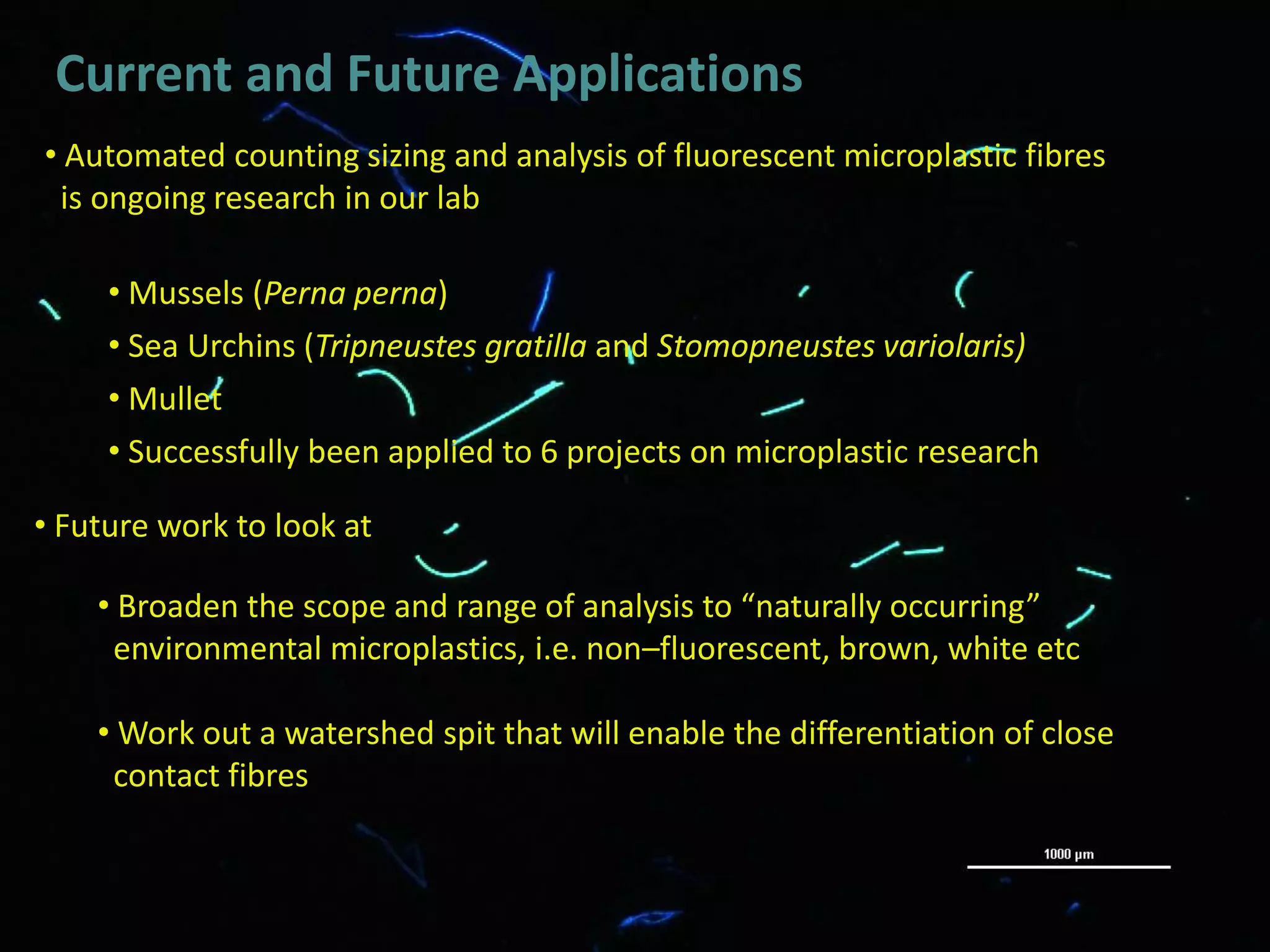 Current and Future Applications
• Automated counting sizing and analysis of fluorescent microplastic fibres
is ongoing research in our lab
• Mussels (Perna perna)
• Sea Urchins (Tripneustes gratilla and Stomopneustes variolaris)
• Mullet
• Successfully been applied to 6 projects on microplastic research
• Future work to look at
• Broaden the scope and range of analysis to “naturally occurring”
environmental microplastics, i.e. non–fluorescent, brown, white etc
• Work out a watershed spit that will enable the differentiation of close
contact fibres
 