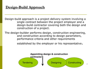 Design-Build Approach
Design-build approach is a project delivery system involving a
single contract between the project employer and a
design-build contractor covering both the design and
construction of a project.
The design-builder performs design, construction engineering,
and construction according to design parameters,
performance criteria and other requirements
established by the employer or his representative.
Constructing
Designing
Appointing design & construction
contractor
Tendering
7
 