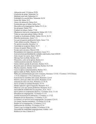 Adoración total, 2 Crónicas 29.28.
Confesión de grupo, Nehemías 1.6.
Multitud como uno, Nehemías 8.1.
Fidelidad a la casa de Dios, Nehemías 10.39.
Gente fiel, Salmo 16.3.
Amor a la adoración, Salmo 26.8.
Fortalecidos por el Señor, Salmo 28.8.
Discordia en la congregación, Salmo 55.12-14.
Ira del pastor, Salmo 74.1.
Conducir al rebano, Salmo 77.20.
Obediencia total en la congregación, Salmo 103.17-21.
Todos se unen para adorar, Salmo 106.48.
Cuando se le promete al Señor, Salmo 116.14, 18-19.
Miembro prominente, Amos 7.13.
Los que no quieren predicación fuerte, Amos 7.16.
Todos deben escuchar, Miqueas 1.2.
No quieren escuchar, Zacarías 1.4.
Autoridad en la iglesia, Mateo 18.17.         |
Ovejas sin pastor, Marcos 6.34.
En paz unos con otros, Marcos 9.50.
Recaudadores de impuestos, pecadores, Lucas 15.1.
Jesús proclama profundidad de verdades espirituales, Juan 6.60-69.
Jesús ora por los suyos, Juan 17.20-23.
Mensaje bien recibido, Hechos 2.41.
Disensión y celos en la iglesia, Hechos 6.1.
Audiencia presta atención, Hechos 8.6.
Ganan número grande de personas, Hechos 14.21.
Reunidos para un informe ministerial, Hechos 14.27-28.
Muchos maestros, Hechos 15.35.
Crece la iglesia neotestamentaria, Hechos 16.5.
Iglesia madre de Pablo, Hechos 28.30-31.
Pablo ora constantemente por otros cristianos, Romanos 1.8-10; 1 Corintios 1.4-9; Efesios
1.11-23; Filipenses 1.3-6; Colosenses 1.3-14.
Función de los miembros del cuerpo, Romanos 12.4-8.
Honrar a otros por sobre uno mismo, Romanos 12.10.
Armonía los unos con otros, Romanos 12.16-18.
Servir al Señor en unidad, Romanos 15.5-6.
Saludo especial a iglesia hogareña, Romanos 16.5.
Observar a los que causan problemas, Romanos 16.17.
Necesidad de unidad entre los creyentes, 1Cor. 10-17
Servir juntos en cooperación efectiva, 1 Corintios 1Cor. 3.1-16
Disciplina en congregación, 1 Corintios 5.1-13.
Actitud incorrecta en la adoración, 1 Corintios 11.17-32.
Propósito de las disensiones, 1 Corintios 11.19.
Los dones y el servicio en la congregación, 1Corintios 12.4-11.
Un cuerpo, muchos miembros, 1 Corintios 12.12-30.
Perdón en la congregación, 2 Corintios 2.5-11
Edificación de creyentes, 2 Corintios 12.19.
Temor a que se rompa la unidad, 2 Corintios 12.20.
Necesidad de estabilidad congregacional, Calatas 1.6-9.
Predicar en vano, Calatas 4.11.
 