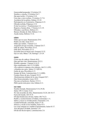 Generosidad preparada, 2 Corintios 9.5.
Siembra y cosecha, 2 Corintios 9.6-7.
Dar para recibir, 2 Corintios 9.10.
Unos dan y otros reciben, 2 Corintios 11.7-8.
Acordarse de los pobres, Gálatas 2.9-10.
Participación en el ministerio, Filipenses 4.15.
Ofrenda recibida, Filipenses 4.18.
Evitar la avaricia, 1 Tesalonicenses 2.5.
Riqueza y buenas obras, 1 Timoteo 6.11-19.
Ofrendas y sacrificios, Hebreos 8.3.
Buenas ofrendas de Abel, Hebreos 11.4.
Ayuda mutua, Hebreos 13.16.

OÍDO
Oídos que no oyen, Deuteronomio 29.4.
Piedra con oído, Josué 24.27.
Oídos que retiñen, 1 Samuel 3.11.
Asegurarse de que escuchan, 2 Samuel 20.17.
Oído de sabios, Proverbios 18.15.
Oído dócil, Proverbios 25.12.
Escuchan pero no hacen caso, Ezequiel 33.32.
Oye en vano, Mateo 7.26; Santiago 1.23-24.

OJOS
Cierra ojos de cadáver, Génesis 46.4.
Ojos que han visto, Deuteronomio 29.2-3.
Posibles cataratas, 1 Samuel 4.14-15.
Ojos centelleantes, Job 15.12 (LBD).
«No codiciar ni siquiera a las solteras», Job 31.1 (VP).
«Alumbra mis ojos», Salmo 13.3 (RVA).
Guiño de ojos, Proverbios 6.13.
Incapaz de llorar, Lamentaciones 2.11 (LBD).
Cuerpos llenos de ojos, Ezequiel 10.12.
Abominaciones delante de los ojos, Ezequiel 20.7.
Ojos bienaventurados, Lucas 10.23.
Fija ojos en hechicero, Hechos 13.9-11.
Pablo quizás tenía poca vista, Gálatas 6.11.

OLVIDO
Nombre borrado, Deuteronomio 9.14; 29.20;
Salmo 109.13; Isaías 14.22.
No más recuerdos de ellos, Deuteronomio 32.26; Job 18.17.
Fuera del mundo, Job 18.18.
Olvidan bendiciones divinas, Salmo 106.7-8,21.
Pueblo y acontecimientos olvidados, Eclesiastés 1.11.
Sabios y necios se olvidan pronto, Eclesiastés 2.16.
Ciudad fortificada y desolada, Isaías 27.10.
Silencio y olvido en las tinieblas, Isaías 47.5.
Las cosas antiguas no vendrán al pensamiento, Isaías 65.17.
Arca del pacto olvidada, Jeremías 3.16.
Olvido del día de reposo, Lamentaciones 2.6.
 