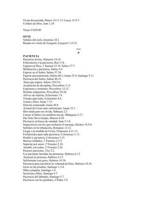 Oveja descarriada, Mateo 18.11-13; Lucas 15.4-7.
Cordero de Dios, Juan 1.29.

Véase PASTOR.

OVNI
Señales del cielo, Jeremías 10.2.
Ruedas en visión de Ezequiel, Ezequiel 1.15-21.

                                              ***
                                               P
PACIENCIA
Paciencia divina, Números 14.18.
Exhortación a la paciencia, Rut 3.18.
Esperar en Dios, 1 Samuel 12.16; Salmo 37.7.
Meditación y paciencia, Salmo 4.4.
Esperar en el Señor, Salmo 37.34.
Esperar pacientemente, Salmo 40.1; Isaías 25.9; Santiago 5.11.
Paciencia del Señor, Salmo 86.15.
Alma que espera, Salmo 130.5-6.
Aceptación de disciplina, Proverbios 3.11.
Esperanza y tormento, Proverbios 13.12.
Hombre impaciente, Proverbios 29.20.
Altivez de espíritu, Eclesiastés 7.8.
Tiempo para todo, Eclesiastés 8.6.
Tentar a Dios, Isaías 7.13.
Oración contestada, Isaías 49.8.
Actitud de Cristo ante sufrimiento, Isaías 53.7.
Dios tarda pero no olvida, Habacuc 2.3.
Cansar al Señor con palabras necias, Malaquías 2.17.
Dar fruto lleva tiempo, Marcos 4.28.
Paciencia en busca de sanidad, Juan 5.1-8.
Impaciencia con los que rechazan el mensaje, Hechos 18.5-6.
Sufridos en la tribulación, Romanos 12.12.
Llegar a la medida de Cristo, Filipenses 4.11-13.
Fortalecidos para toda paciencia, Colosenses 1.11.
Perdón y paciencia, Colosenses 3.13.
Buenos soldados, 2 Timoteo 2.3-5.
Soportar por amor, 2 Timoteo 2.10.
Amable con todos, 2 Timoteo 2.24.
Pastores pacientes, Tito 2.2.
Los pacientes heredan las promesas, Hebreos 6.12.
Alcanzar la promesa, Hebreos 6.15.
Sufrimiento con gozo, Hebreos 10.34.
Paciencia para encontrar la voluntad de Dios, Hebreos 10.36.
Gozo en las pruebas, Santiago 1.2-4.
Obra completa, Santiago 1.4.
Sumisión a Dios, Santiago 4.7.
Paciencia del labrador, Santiago 5.7.
Paciencia con los perdidos, 2 Pedro 3.9.
 