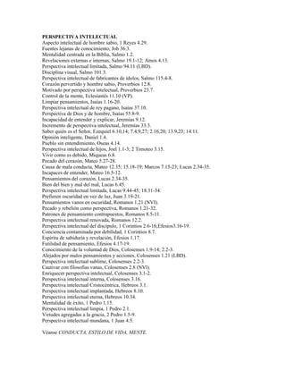 PERSPECTIVA INTELECTUAL
Aspecto intelectual de hombre sabio, 1 Reyes 4.29.
Fuentes lejanas de conocimiento, Job 36.3.
Mentalidad centrada en la Biblia, Salmo 1.2.
Revelaciones externas e internas, Salmo 19.1-12; Amos 4.13.
Perspectiva intelectual limitada, Salmo 94.11 (LBD).
Disciplina visual, Salmo 101.3.
Perspectiva intelectual de fabricantes de ídolos, Salmo 115.4-8.
Corazón pervertido y hombre sabio, Proverbios 12.8.
Motivado por perspectiva intelectual, Proverbios 23.7.
Control de la mente, Eclesiastés 11.10 (VP).
Limpiar pensamientos, Isaías 1.16-20.
Perspectiva intelectual de rey pagano, Isaías 37.10.
Perspectiva de Dios y de hombre, Isaías 55.8-9.
Incapacidad de entender y explicar, Jeremías 9.12.
Incremento de perspectiva intelectual, Jeremías 33.3.
Saber quién es el Señor, Ezequiel 6.10,14; 7.4,9,27; 2.16,20; 13.9,23; 14.11.
Opinión inteligente, Daniel 1.4.
Pueblo sin entendimiento, Oseas 4.14.
Perspectiva intelectual de hijos, Joel 1.1-3; 2 Timoteo 3.15.
Vivir como es debido, Miqueas 6.8.
Pecado del corazón, Mateo 5.27-28.
Causa de mala conducta, Mateo 12.35; 15.18-19; Marcos 7.15-23; Lucas 2.34-35.
Incapaces de entender, Mateo 16.5-12.
Pensamientos del corazón, Lucas 2.34-35.
Bien del bien y mal del mal, Lucas 6.45.
Perspectiva intelectual limitada, Lucas 9.44-45; 18.31-34.
Prefieren oscuridad en vez de luz, Juan 3.19-21.
Pensamientos vanos en oscuridad, Romanos 1.21 (NVI).
Pecado y rebelión como perspectiva, Romanos 1.21-32.
Patrones de pensamiento contrapuestos, Romanos 8.5-11.
Perspectiva intelectual renovada, Romanos 12.2.
Perspectiva intelectual del discípulo, 1 Corintios 2.6-16;Efesios3.16-19.
Conciencia contaminada por debilidad, 1 Corintios 8.7.
Espíritu de sabiduría y revelación, Efesios 1.17.
Futilidad de pensamiento, Efesios 4.17-19.
Conocimiento de la voluntad de Dios, Colosenses 1.9-14; 2.2-3.
Alejados por malos pensamientos y acciones, Colosenses 1.21 (LBD).
Perspectiva intelectual sublime, Colosenses 2.2-3.
Cautivar con filosofías vanas, Colosenses 2.8 (NVl).
Enriquecer perspectiva intelectual, Colosenses 3.1-2.
Perspectiva intelectual interna, Colosenses 3.16.
Perspectiva intelectual Cristocéntrica, Hebreos 3.1.
Perspectiva intelectual implantada, Hebreos 8.10.
Perspectiva intelectual eterna, Hebreos 10.34.
Mentalidad de éxito, 1 Pedro 1.15.
Perspectiva intelectual limpia, 1 Pedro 2.1.
Virtudes agregadas a la gracia, 2 Pedro 1.5-9.
Perspectiva intelectual mundana, 1 Juan 4.5.

Véanse CONDUCTA, ESTILO DE VIDA, MENTE.
 