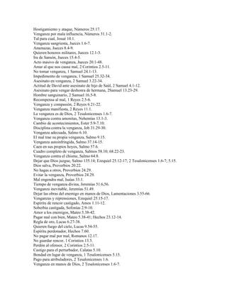 Hostigamiento y ataque, Números 25.17.
Venganza por mala influencia, Números 31.1-2.
Tal para cual, Josué 10.1.
Venganza sangrienta, Jueces 1.6-7.
Amenazas, Jueces 8.4-9.
Quieren honores militares, Jueces 12.1-3.
Ira de Sansón, Jueces 15.4-5.
Acto masivo de venganza, Jueces 20.1-48.
Amar al que nos causa mal, 2 Corintios 2.5-11.
No tomar venganza, 1 Samuel 24.1-13.
Impedimento de venganza, 1 Samuel 25.32-34.
Asesinato en venganza, 2 Samuel 3.22-34.
Actitud de David ante asesinato de hijo de Saúl, 2 Samuel 4.1-12.
Asesinato para vengar deshonra de hermana, 2Samuel 13.23-29.
Hombre sanguinario, 2 Samuel 16.5-8.
Recompensa al mal, 1 Reyes 2.5-6.
Venganza y compasión, 2 Reyes 6.21-22.
Venganza manifiesta, 2 Reyes 11.1.
La venganza es de Dios, 2 Tesalonicenses 1.6-7.
Venganza contra amonitas, Nehemías 13.1-3.
Cambio de acontecimientos, Ester 5.9-7.10.
Disciplina contra la venganza, Job 31.29-30.
Venganza adecuada, Salmo 6.10.
El mal trae su propia venganza, Salmo 9.15.
Venganza autoinfringida, Salmo 37.14-15.
Caen en sus propios hoyos, Salmo 57.6.
Cuadro completo de venganza, Salmos 58.10; 68.22-23.
Venganza contra el chisme, Salmo 64.8.
Dejar que Dios juzgue, Salmo 135.14; Ezequiel 25.12-17; 2 Tesalonicenses 1.6-7; 5.15.
Dios salva, Proverbios 20.22.
No hagas a otros, Proverbios 24.29.
Evitar la venganza, Proverbios 24.29.
Mal engendra mal, Isaías 33.1.
Tiempo de venganza divina, Jeremías 51.6,56.
Venganza inevitable, Jeremías 51.49.
Dejar las obras del enemigo en manos de Dios, Lamentaciones 3.55-66.
Venganzas y reprensiones, Ezequiel 25.15-17.
Espíritu de rencor castigado, Amos 1.11-12.
Soberbia castigada, Sofonías 2.9-10.
Amor a los enemigos, Mateo 5.38-42.
Pagar mal con bien, Mateo 5.38-41; Hechos 23.12-14.
Regla de oro, Lucas 6.27-38.
Quieren fuego del cielo, Lucas 9.54-55.
Espíritu perdonador, Hechos 7.60.
No pagar mal por mal, Romanos 12.17.
No guardar rencor, 1 Corintios 13.5.
Perdón al ofensor, 2 Corintios 2.5-11.
Castigo para el perturbador, Calatas 5.10.
Bondad en lugar de venganza, 1 Tesalonicenses 5.15.
Pago para atribuladores, 2 Tesalonicenses 1.6.
Venganza en manos de Dios, 2 Tesalonicenses 1.6-7.
 