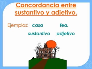 Concordancia entre
  sustantivo y adjetivo.
Ejemplos: casa        fea.
        sustantivo   adjetivo
 