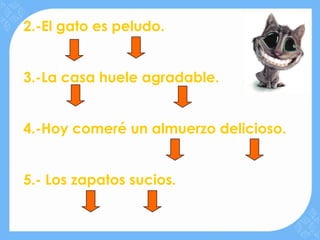 2.-El gato es peludo.


3.-La casa huele agradable.


4.-Hoy comeré un almuerzo delicioso.


5.- Los zapatos sucios.
 