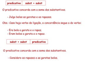subst + subst predicativo O predicativo concorda com a soma dos substantivos. - Julgo belos as garotas e os rapazes. subst + subst predicativo O predicativo concorda com a soma dos substantivos. - Considero os rapazes e as garotas belos. Obs.: Caso haja verbo de ligação, a concordância segue a do verbo: - Era bela a garota e o rapaz. - Eram belos a garota e o rapaz. 