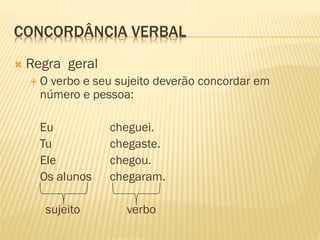 CONCORDÂNCIA VERBAL
 Regra geral
 O verbo e seu sujeito deverão concordar em
número e pessoa:
Eu cheguei.
Tu chegaste.
Ele chegou.
Os alunos chegaram.
sujeito verbo
 