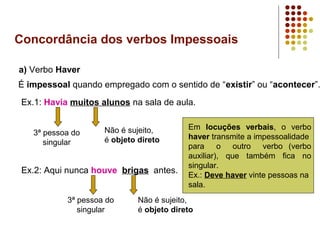 Concordância dos verbos Impessoais

a) Verbo Haver
É impessoal quando empregado com o sentido de “existir” ou “acontecer”.
 Ex.1: Havia muitos alunos na sala de aula.


                     Não é sujeito,        Em locuções verbais, o verbo
   3ª pessoa do                            haver transmite a impessoalidade
      singular       é objeto direto
                                           para o outro verbo (verbo
                                           auxiliar), que também fica no
                                           singular.
 Ex.2: Aqui nunca houve brigas antes.      Ex.: Deve haver vinte pessoas na
                                           sala.
            3ª pessoa do      Não é sujeito,
               singular       é objeto direto
 