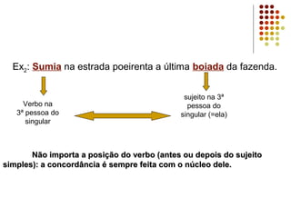 Ex2: Sumia na estrada poeirenta a última boiada da fazenda.


                                             sujeito na 3ª
     Verbo na                                 pessoa do
   3ª pessoa do                             singular (=ela)
      singular



       Não importa a posição do verbo (antes ou depois do sujeito
simples): a concordância é sempre feita com o núcleo dele.
 