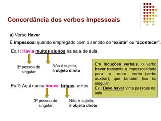 Concordância dos verbos Impessoais
a) Verbo Haver
É impessoal quando empregado com o sentido de “existir” ou “acontecer”.
Ex.1: Havia muitos alunos na sala de aula.
3ª pessoa do
singular
Não é sujeito,
é objeto direto
Ex.2: Aqui nunca houve brigas antes.
3ª pessoa do
singular
Não é sujeito,
é objeto direto
Em locuções verbais, o verbo
haver transmite a impessoalidade
para o outro verbo (verbo
auxiliar), que também fica no
singular.
Ex.: Deve haver vinte pessoas na
sala.
 