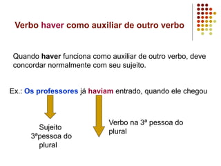 Verbo haver como auxiliar de outro verbo
Quando haver funciona como auxiliar de outro verbo, deve
concordar normalmente com seu sujeito.
Ex.: Os professores já haviam entrado, quando ele chegou
Sujeito
3ªpessoa do
plural
Verbo na 3ª pessoa do
plural
 