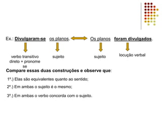 Ex.: Divulgaram-se os planos. Os planos foram divulgados.
Compare essas duas construções e observe que:
1º.) Elas são equivalentes quanto ao sentido;
3º.) Em ambas o verbo concorda com o sujeito.
2º.) Em ambas o sujeito é o mesmo;
sujeito sujeito locução verbalverbo transitivo
direto + pronome
se
 
