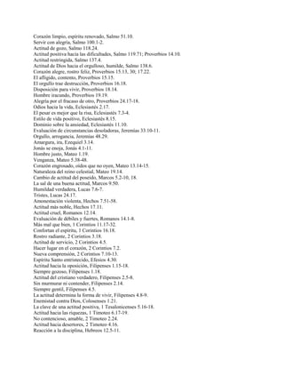 Corazón limpio, espíritu renovado, Salmo 51.10.
Servir con alegría, Salmo 100.1-2.
Actitud de gozo, Salmo 118.24.
Actitud positiva hacia las dificultades, Salmo 119.71; Proverbios 14.10.
Actitud restringida, Salmo 137.4.
Actitud de Dios hacia el orgulloso, humilde, Salmo 138.6.
Corazón alegre, rostro feliz, Proverbios 15.13, 30; 17.22.
El afligido, contento, Proverbios 15.15.
El orgullo trae destrucción, Proverbios 16.18.
Disposición para vivir, Proverbios 18.14.
Hombre iracundo, Proverbios 19.19.
Alegría por el fracaso de otro, Proverbios 24.17-18.
Odios hacia la vida, Eclesiastés 2.17.
El pesar es mejor que la risa, Eclesiastés 7.3-4.
Estilo de vida positivo, Eclesiastés 8.15.
Dominio sobre la ansiedad, Eclesiastés 11.10.
Evaluación de circunstancias desoladoras, Jeremías 33.10-11.
Orgullo, arrogancia, Jeremías 48.29.
Amargura, ira, Ezequiel 3.14.
Jonás se enoja, Jonás 4.1-11.
Hombre justo, Mateo 1.19.
Venganza, Mateo 5.38-48.
Corazón engrosado, oídos que no oyen, Mateo 13.14-15.
Naturaleza del reino celestial, Mateo 19.14.
Cambio de actitud del poseído, Marcos 5.2-10, 18.
La sal de una buena actitud, Marcos 9.50.
Humildad verdadera, Lucas 7.6-7.
Tristes, Lucas 24.17.
Amonestación violenta, Hechos 7.51-58.
Actitud más noble, Hechos 17.11.
Actitud cruel, Romanos 12.14.
Evaluación de débiles y fuertes, Romanos 14.1-8.
Más mal que bien, 1 Corintios 11.17-32.
Confortan el espíritu, 1 Corintios 16.18.
Rostro radiante, 2 Corintios 3.18.
Actitud de servicio, 2 Corintios 4.5.
Hacer lugar en el corazón, 2 Corintios 7.2.
Nueva comprensión, 2 Corintios 7.10-13.
Espíritu Santo entristecido, Efesios 4.30.
Actitud hacia la oposición, Filipenses 1.15-18.
Siempre gozoso, Filipenses 1.18.
Actitud del cristiano verdadero, Filipenses 2.5-8.
Sin murmurar ni contender, Filipenses 2.14.
Siempre gentil, Filipenses 4.5.
La actitud determina la forma de vivir, Filipenses 4.8-9.
Enemistad contra Dios, Colosenses 1.21.
La clave de una actitud positiva, 1 Tesalonicenses 5.16-18.
Actitud hacia las riquezas, 1 Timoteo 6.17-19.
No contencioso, amable, 2 Timoteo 2.24.
Actitud hacia desertores, 2 Timoteo 4.16.
Reacción a la disciplina, Hebreos 12.5-11.
 