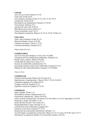 COLOR
Arco iris en el cielo, Génesis 9.13-16.
Cielo azul, Éxodo 24.10.
Azul, púrpura, escarlata, Éxodo 25.3-5; 26.1,31,36; 38.18.
Cuerda azul, Éxodo 28.28.
Recordatorio de mandamiento, Números 15.38-40.
Vaca alazana, Números 19.2.
Ausencia de color, Job 10.20-22.
Más blanco que la nieve, Salmo 51.7.
Cielos oscurecidos, Joel 3.14-15.
Oscuridad de la perdición, Mateo 8.12; 22.13; 25.30; 2 Pedro 2.4.
COLUMNA
Altar y doce columnas, Éxodo 24.1-4.
Muerte de Sansón, Jueces 16.25-30.
Columnas de bronce, 1 Reyes 7.13-22.
Columnas derribadas, Ezequiel 26.11.
Véase ARQUITECTURA.
COMBUSTIBLE
Aceite de oliva para lámparas, Levítico 24.1-4 (LBD).
Transporte del arca cortado para combustible, 1Samuel 6.14.
Hierba verde y espinos, Salmo 58.9 (VP).
Combustible de ramas secas, Isaías 27.11.
Escasez de combustible, Lamentaciones 5.4.
Excremento humano usado como combustible, Ezequiel 4.12-15.
Madera de viñas arden pobremente, Ezequiel 15.2-4 (LBD).
Véase FUEGO
COMERCIAR
Comercio internacional, Génesis 24.10; Isaías 61.6.
Importaciones y exportaciones, 1 Reyes 9.26-27; 10.14-15,28-29.
Comprador engañoso, Proverbios 20.14.
Trueque comercial, Ezequiel 27.12.
Equilibrio comercial, Ezequiel 27.12-24.
COMERCIO
Suple ciudades, Éxodo 1.11.
Necesidad de caminos, Deuteronomio 19.3.
Exportación, importación, 1 Reyes 10.28-29.
Local, nacional, internacional, 2 Crónicas 9.21; Proverbios 31.14-18; Apocalipsis 18.10-24.
Dispuesto a vender, Proverbios 11.26.
Grano del Nilo llevado a Tiro, Isaías 23.3.
Prosperidad frente al agua, Jeremías 51.13.
Control de las rutas comerciales, Ezequiel 26.2.
Comercio en las ferias, Ezequiel 27.12-23.
Destrucción de comerciantes deshonestos, Sofonías 1.11.
Uso del templo con propósitos comerciales, Marcos 11.15-17; Lucas 19.45-46; Juan 2.14-17.
Disminuyen sus ganancias debido a los convertidos, Hechos 19.23-28.
 