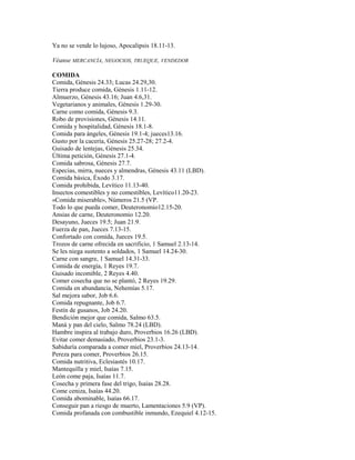 Ya no se vende lo lujoso, Apocalipsis 18.11-13.
Véanse MERCANCÍA, NEGOCIOS, TRUEQUE, VENDEDOR
COMIDA
Comida, Génesis 24.33; Lucas 24.29,30.
Tierra produce comida, Génesis 1.11-12.
Almuerzo, Génesis 43.16; Juan 4.6,31.
Vegetarianos y animales, Génesis 1.29-30.
Carne como comida, Génesis 9.3.
Robo de provisiones, Génesis 14.11.
Comida y hospitalidad, Génesis 18.1-8.
Comida para ángeles, Génesis 19.1-4; jueces13.16.
Gusto por la cacería, Génesis 25.27-28; 27.2-4.
Guisado de lentejas, Génesis 25.34.
Última petición, Génesis 27.1-4.
Comida sabrosa, Génesis 27.7.
Especias, mirra, nueces y almendras, Génesis 43.11 (LBD).
Comida básica, Éxodo 3.17.
Comida prohibida, Levítico 11.13-40.
Insectos comestibles y no comestibles, Levítico11.20-23.
«Comida miserable», Números 21.5 (VP.
Todo lo que pueda comer, Deuteronomio12.15-20.
Ansias de carne, Deuteronomio 12.20.
Desayuno, Jueces 19.5; Juan 21.9.
Fuerza de pan, Jueces 7.13-15.
Confortado con comida, Jueces 19.5.
Trozos de carne ofrecida en sacrificio, 1 Samuel 2.13-14.
Se les niega sustento a soldados, 1 Samuel 14.24-30.
Carne con sangre, 1 Samuel 14.31-33.
Comida de energía, 1 Reyes 19.7.
Guisado incomible, 2 Reyes 4.40.
Comer cosecha que no se plantó, 2 Reyes 19.29.
Comida en abundancia, Nehemías 5.17.
Sal mejora sabor, Job 6.6.
Comida repugnante, Job 6.7.
Festín de gusanos, Job 24.20.
Bendición mejor que comida, Salmo 63.5.
Maná y pan del cielo, Salmo 78.24 (LBD).
Hambre inspira al trabajo duro, Proverbios 16.26 (LBD).
Evitar comer demasiado, Proverbios 23.1-3.
Sabiduría comparada a comer miel, Proverbios 24.13-14.
Pereza para comer, Proverbios 26.15.
Comida nutritiva, Eclesiastés 10.17.
Mantequilla y miel, Isaías 7.15.
León come paja, Isaías 11.7.
Cosecha y primera fase del trigo, Isaías 28.28.
Come ceniza, Isaías 44.20.
Comida abominable, Isaías 66.17.
Conseguir pan a riesgo de muerto, Lamentaciones 5.9 (VP).
Comida profanada con combustible inmundo, Ezequiel 4.12-15.
 