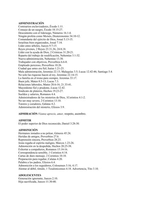 ADMINISTRACIÓN
Comisarios esclavizadores, Éxodo 1.11.
Consejo de un suegro, Éxodo 18.15-27.
Descontento con el liderazgo, Números 16.1-4.
Ningún profeta como Moisés, Deuteronomio 34.10-12.
Comandante del ejército de Dios, Josué 5.13-15.
Israelitas bien organizados, Josué 7.14.
Líder entre árboles, Jueces 9.7-15.
Reyes jóvenes, 2 Reyes 23.31,36; 24.8,18.
Líder con la ayuda de Dios, 2 Crónicas 31.20-21.
Reparto del trabajo de reedificación, Nehemías 3.1-32.
Nueva administración, Nehemías 13.30.
Trabajador con objetivos, Proverbios 6.6-8.
Empleado perezoso, Proverbios 10.26.
Ciudad que antes era fiel, Isaías 1.21-23.
Mala administración, Jeremías 22.13; Malaquías 3.5; Lucas 12.42-46; Santiago 5.4.
No solo las riquezas hacen al rey, Jeremías 22.14-15.
La familia en el trono para siempre, Jeremías 33.17.
Buen jefe, Mateo 8.5-13; Lucas 7.3.
Relaciones laborales, Mateo 20.6-16; 21.33-41.
Mayordomo fiel y prudente, Lucas 12.42.
Sindicato de plateros, Hechos 19.23-27.
Sueldos y salarios, Romanos 4.4.
Administradores de los misterios de Dios, 1Corintios 4.1-2.
No ser muy severo, 2 Corintios 13.10.
Tutores y curadores, Gálatas 4.2.
Administración del misterio, Efesios 3.9.
ADMIRACIÓN Véanse aprecio, amor, respeto, asombro.
ADMITIR
El poder superior de Dios reconocido, Daniel 3.28-30.
ADMONICIÓN
Hermanos instados a no pelear, Génesis 45.24.
Heridas de amigos, Proverbios 27.6.
Reprensión sincera, Proverbios 28.23.
Jesús regaña al espíritu maligno, Marcos 1.23-26.
Admonición en la despedida, Hechos 20.25-38.
Exhortar a compañeros, Romanos 15.14-16.
Correspondencia sensible, 1 Corintios 4.14.
Cartas de duro mensaje, 2 Corintios 10.10.
Preparación para regañar, Calatas 4.20.
Palabra a los padres, Efesios 6.4.
Admonición a los seguidores, Colosenses 3.16; 4.17.
Alentar al débil, tímido, 1 Tesalonicenses 4.18. Advertencia, Tito 3.10.
ADOLESCENTES
Generación ignorante, Jueces 2.10.
Hija sacrificada, Jueces 11.30-40.
 