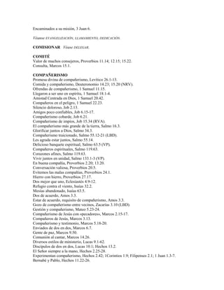 Encaminados a su misión, 3 Juan 6.
Véanse EVANGELIZACIÓN, LLAMAMIENTO, DEDICACIÓN.
COMISIONAR Véase DELEGAR.
COMITÉ
Valor de muchos consejeros, Proverbios 11.14; 12.15; 15.22.
Consulta, Marcos 15.1.
COMPAÑERISMO
Promesa divina de compañerismo, Levítico 26.1-13.
Comida y compañerismo, Deuteronomio 14.23; 15.20 (NRV).
Ofrendas de compañerismo, 1 Samuel 11.15.
Llegaron a ser uno en espíritu, 1 Samuel 18.1-4.
Amistad Centrada en Dios, 1 Samuel 20.42.
Compañeros en el peligro, 1 Samuel 22.23.
Silencio doloroso, Job 2.13.
Amigos poco confiables, Job 6.15-17.
Compañerismo cobarde, Job 6.21.
Compañerismo de impíos, Job 15.34 (RVA).
El compañerismo más grande de la tierra, Salmo 16.3.
Glorificar juntos a Dios, Salmo 34.3.
Compañerismo traicionado, Salmo 55.12-21 (LBD).
Les agrada estar juntos, Salmo 55.14.
Delicioso banquete espiritual, Salmo 63.5 (VP).
Compañeros espirituales, Salmo 119.63.
Corazones afines, Salmo 119.63.
Vivir juntos en unidad, Salmo 133.1-3 (VP).
En buena compañía, Proverbios 2.20; 13.20.
Conversación valiosa, Proverbios 20.5.
Evitemos las malas compañías, Proverbios 24.1.
Hierro con hierro, Proverbios 27.17.
Dos mejor que uno, Eclesiastés 4.9-12.
Refugio contra el viento, Isaías 32.2.
Mesías abandonado, Isaías 63.5.
Dos de acuerdo, Amos 3.3.
Estar de acuerdo, requisito de compañerismo, Amos 3.3.
Gozo de compañerismo entre vecinos, Zacarías 3.10 (LBD).
Gestión y compañerismo, Mateo 5.23-24.
Compañerismo de Jesús con «pecadores», Marcos 2.15-17.
Compañeros de Jesús, Marcos 3.13.
Compañerismo y testimonio, Marcos 5.18-20.
Enviados de dos en dos, Marcos 6.7.
Gente de paz, Marcos 9.50.
Comunión al cantar, Marcos 14.26.
Diversos estilos de ministerio, Lucas 9.1-62.
Discípulos de dos en dos, Lucas 10.1; Hechos 13.2.
El Señor siempre a la mano, Hechos 2.25-28.
Experimentan compañerismo, Hechos 2.42; 1Corintios 1.9; Filipenses 2.1; 1 Juan 1.3-7.
Bernabé y Pablo, Hechos 11.22-26.
 