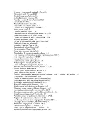El menor y el mayor en la sociedad, 2 Reyes 23.:
Adoración total, 2 Crónicas 29.28.
Confesión de grupo, Nehemías 1.6.
Multitud como uno, Nehemías 8.1.
Fidelidad a la casa de Dios, Nehemías 10.39.
Gente fiel, Salmo 16.3.
Amor a la adoración, Salmo 26.8.
Fortalecidos por el Señor, Salmo 28.8.
Discordia en la congregación, Salmo 55.12-14.
Ira del pastor, Salmo 74.1.
Conducir al rebano, Salmo 77.20.
Obediencia total en la congregación, Salmo 103.17-21.
Todos se unen para adorar, Salmo 106.48.
Cuando se le promete al Señor, Salmo 116.14, 18-19.
Miembro prominente, Amos 7.13.
Los que no quieren predicación fuerte, Amos 7.16.
Todos deben escuchar, Miqueas 1.2.
No quieren escuchar, Zacarías 1.4.
Autoridad en la iglesia, Mateo 18.17. |
Ovejas sin pastor, Marcos 6.34.
En paz unos con otros, Marcos 9.50.
Recaudadores de impuestos, pecadores, Lucas 15.1.
Jesús proclama profundidad de verdades espirituales, Juan 6.60-69.
Jesús ora por los suyos, Juan 17.20-23.
Mensaje bien recibido, Hechos 2.41.
Disensión y celos en la iglesia, Hechos 6.1.
Audiencia presta atención, Hechos 8.6.
Ganan número grande de personas, Hechos 14.21.
Reunidos para un informe ministerial, Hechos 14.27-28.
Muchos maestros, Hechos 15.35.
Crece la iglesia neotestamentaria, Hechos 16.5.
Iglesia madre de Pablo, Hechos 28.30-31.
Pablo ora constantemente por otros cristianos, Romanos 1.8-10; 1 Corintios 1.4-9; Efesios 1.11-
23; Filipenses 1.3-6; Colosenses 1.3-14.
Función de los miembros del cuerpo, Romanos 12.4-8.
Honrar a otros por sobre uno mismo, Romanos 12.10.
Armonía los unos con otros, Romanos 12.16-18.
Servir al Señor en unidad, Romanos 15.5-6.
Saludo especial a iglesia hogareña, Romanos 16.5.
Observar a los que causan problemas, Romanos 16.17.
Necesidad de unidad entre los creyentes, 1Cor. 10-17
Servir juntos en cooperación efectiva, 1 Corintios 1Cor. 3.1-16
Disciplina en congregación, 1 Corintios 5.1-13.
Actitud incorrecta en la adoración, 1 Corintios 11.17-32.
Propósito de las disensiones, 1 Corintios 11.19.
Los dones y el servicio en la congregación, 1Corintios 12.4-11.
Un cuerpo, muchos miembros, 1 Corintios 12.12-30.
Perdón en la congregación, 2 Corintios 2.5-11
Edificación de creyentes, 2 Corintios 12.19.
Temor a que se rompa la unidad, 2 Corintios 12.20.
Necesidad de estabilidad congregacional, Calatas 1.6-9.
 