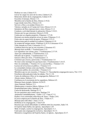 Predicar en vano, Calatas 4.11.
Llevar las cargas los unos de los otros, Calatas 6.2,5.
Relaciones dentro de la congregación, Calatas 6.10.
Escuchar el mensaje, Efesios 1.13.
Miembros de la familia de Dios, Efesios 2.19-22.
Lugar donde mora Dios, Efesios 2.22.
Servicio a Dios y en unidad, Efesios 4.3.
Talentos variados en el Cuerpo de Cristo, Efesios 4.11-13.
Imitadores de Dios expresan amor a otros, Efesios 5.1-2.
Conducta y actividad durante la adoración, Efesios 5.19-21.
Oremos por los que ministran, Efesios 6.19-20.
Unidos por un singular propósito, Filipenses 1.27-28.
Personas con mismo propósito sirven en amor, Filipenses 2.1-2.
Fieles aún sin supervisión de pastor, Filipenses 2.12-13.
Instrucciones para la unidad en la iglesia, Filipenses 4.1-9.
Se ocupan del antiguo pastor, Filipenses 4.10-19; Colosenses 4.3-4.
Vida centrada en Cristo, Colosenses 3.1-17.
Conducta hacia los que no son creyentes, Colosenses 4.5.
Mensaje bien recibido, 1 Tesalonicenses 2.13.
Los seguidores son corona, gozo, 1 Tesalonicenses 2.17-19.
Amor que sobreabunda, 1 Tesalonicenses 3.12.
Oficiales de la iglesia, 1 Tesalonicenses 5.12.
Gracias a Dios por otros, 2 Tesalonicenses 1.3.
Cristianos que crecen y perseveran, 2 Tesalonicenses 1.4.
No tener como enemigos los que hacen mal, 2 Tesalonicenses 3.14-15.
Orar sin contiendas, 1 Timoteo 2.8. La casa de Dios, 1 Timoteo 3.15.
Lectura de la Escritura en público, 1 Timoteo 4.13.
La comunidad cristiana como una familia, 1Timoteo 5.1-2.
Testimonio público de convertido, 1 Timoteo 6.12.
Miembros que no son creyentes, 2 Timoteo 3.5. Necesidad de congregación nueva, Tito 1.5-9.
Enseñanza adecuada para todas las edades, Tito 2.1-10.
Cantos de alabanzas a Dios en la congregación, Hebreos 2.12.
Aliento mutuo, Hebreos 3.13.
Confianza en el crecimiento de los seguidores, Hebreos 6.9.
Démonos buen ejemplo, Hebreos 10.24-25.
Amor fraternal, Hebreos 13.1.
Obedezcamos a nuestros líderes, Hebreos 13.17.
Hospitalidad para todos, Santiago 2.1-4.
Causa de desacuerdo, Santiago 4.1-2.
No nos quejemos unos contra otros, Santiago 5.9.
Amémonos entrañablemente, 1 Pedro 1.22; 1 Juan 4.7-11.
Piedras vivas construidas sobre Roca de Amor, 1 Pedro 2.4-8.
El juicio empieza por la familia de Dios, 1 Pedro 4.17.
Mensaje para toda edad, 1 Juan 2.12-14.
Problema en la congregación, 3 Juan 9-10.
Personas que causan dificultades se infiltran entre los creyentes, Judas 3-4.
El Espíritu Santo habla a las iglesias, Apocalipsis 2.29.
Mide el templo, cuenta la congregación, Apocalipsis 11.1.
Canto para una congregación exclusiva, Apocalipsis 14.1-3.
Ministerio evangelístico del Espíritu Santo y la Iglesia , Apocalipsis 22.17.
 