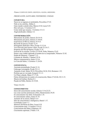Véanse CUERPO DE CRISTO, DISCIPLINA, IGLESIA, MISIONERO,
PREDICACIÓN, SANTUARIO, TESTIMONIO, UNIDAD.
CONJETURA
Necio no se regenera ni moliéndolo, Proverbios 27.22.
Nido en las estrellas, Abdías 4.
Gana mundo y pierde alma, Marcos 8.36; Lucas 9.25.
Diez mil ayos, 1 Corintios 4.15.
Como metal que resuena, 1 Corintios 13.1-3.
Ángel predicador, Gálatas 1.8.
CONMEMORACIÓN
Monumento de piedra, Génesis 28.18-19.
Monumento por pacto, Génesis 31.44-45.
Experiencia en Bet-el, Génesis 35.9-15.
Recuerdo de pascua, Éxodo 12.14.
Primogénito dedicado a Dios, Éxodo 13.12-16.
Tres festivales para honrar a Dios, Éxodo 23.14-17.
Propósito del Día de Reposo, Éxodo 31.16.
Festival de la cosecha, Levítico 23.39-44. Noba, Números 32.42.
Ponen a una ciudad capturada el nombre de su conquistador, Números 32.42.
Piedra de Ebenezer, 1 Samuel 7.12.
Columna de Absalón, 2 Samuel 18.18.
Música conmemorativa, Isaías 12.5-6.
La Cena del Señor, 1 Corintios 11.24-26.
CONNIVENCIA
Asesinato premeditado, Éxodo 21.14.
Liderazgo corrompido, Éxodo 32.1-2.
Aumenta el mal, Salmo 50.18; Proverbios 24.24; 28.4; Romanos 1.32.
Profetas que no ven nada, Ezequiel 13.1-3.
Un Pilato cobarde, Mateo 27.17-26.
Falsas afirmaciones en cuanto a la resurrección, Mateo 27.62-66; 28.11-15.
Muerte de Esteban, Hechos 8.1.
Pasado de Pablo, Hechos 22.19-20.
Véase ENGAÑO.
CONOCIMIENTO
Inicio del conocimiento secular, Génesis 3.5-6,22-23.
Las cosas secretas pertenecen a Dios, Deuteronomio 29.29.
El conocimiento trae dolor, Eclesiastés 1.18.
El conocimiento seduce, Isaías 47.10.
Aumento de la ciencia, Daniel 12.4.
Dios da conocimiento e inteligencia, Daniel 1.17.
Cronología, Lucas 1.1.
Misterios del Reino de Dios, Lucas 8.10.
Conocimiento total, 1 Corintios 13.9-12.
Conocimiento del Señor, Filipenses 3.8.
Crecimiento espiritual, 2 Pedro 3.18.
 