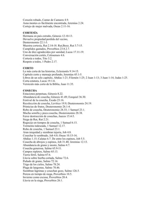 Corazón robado, Cantar de Cantares 4.9.
Asna montes es fácilmente encontrada, Jeremías 2.24.
Cortejo de mujer malvada, Oseas 2.11-16.
CORTESÍA
Hermana en país extraño, Génesis 12.10-13.
Devuelve propiedad perdida del vecino,
Deuteronomio 22.1-3.
Muestra cortesía, Rut 2.14-18. Rut,Booz, Rut 3.7-15.
Cumplidos gastados, Proverbios 23.8.2.7.
Uno de diez agradecidos por sanidad, Lucas 17.11-19.
Conversación cortés, Colosenses 4.6.
Cortesía a todos, Tito 3.2.
Respeto a todos, 1 Pedro 2.17.
CORTO
La más corta de las historias, Eclesiastés 9.14-15.
Capítulo corto y mensaje profundo, Jeremías 45.1-5.
Libros de un solo capítulo, Abdías 1-21; Filemón 1-25; 2 Juan 1-13; 3 Juan 1-14; Judas 1-25.
Corta estatura, Lucas 19.1-6.
Versículo más corto de la Biblia, Juan 11.35.
COSECHA
Estaciones perpetuas, Génesis 8.22.
Abundancia de cosecha, Génesis 41.49; Ezequiel 36.30.
Festival de la cosecha, Éxodo 23.16.
Recolección de cosecha, Levítico 19.9; Deuteronomio 24.19.
Primicias de frutos, Deuteronomio 26.1-4.
Robo de cosecha, Deuteronomio 28.33; 1 Samuel 23.1.
Mucha semilla y poca cosecha, Deuteronomio 28.38.
Feroz destrucción de cosechas, Jueces 15.4-5.
Siega de Rut, Rut 2.21.
Regocijo en tiempos de cosecha, 1 Samuel 6.13.
Tormenta indeseada, 1 Samuel 12.17.
Robo de cosecha, 1 Samuel 23.1.
Aran iniquidad y siembran injuria, Job 4.8.
Cosechar lo sembrado, Job 4.8; Oseas 10.13-14;
Abdías 1.15; Calatas 6.7. De entre los espinos, Job 5.5.
Cosecha de abrojos y espinos, Job 31.40; Jeremías 12.13.
Abundancia de grano y mosto, Salmo 4.7.
Cosecha generosa, Salmo 65.9-11.
Campos repletos, Salmo 65.13.
Tierra fértil, Salmo 67.6.
Lluvia sobre hierba cortada, Salmo 72.6.
Puñado de grano, Salmo 72.16.
Trigo de los cielos, Salmo 78.24.
Plaga de langostas, Salmo 78.46.
Siembran lágrimas y cosechan gozo, Salmo 126.5.
Pereza en tiempo de siega, Proverbios 10.5.
Invierno como excusa, Proverbios 20.4.
Lluvia en la siega, Proverbios 26.1.
 