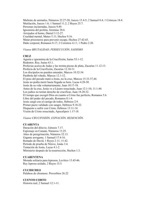 Maltrato de animales, Números 22.27-28; Jueces 15.4-5; 2 Samuel 8.4; 1 Crónicas 18.4.
Mutilación, Jueces 1.6; 1 Samuel 11.2; 2 Reyes 25.7.
Personas incineradas, Jueces 9.49.
Ignominia del profeta, Jeremías 38.6.
Arrojados al homo, Daniel 3.12-27.
Crueldad mental, Mateo 5.11; Hechos 9.16.
Matar prisioneros para prevenir escape, Hechos 27.42-43.
Daño corporal, Romanos 8.17; 2 Corintios 4.11; 1 Pedro 2.20.
Véanse BRUTALIDAD, PERSECUCIÓN, SADISMO
CRUZ
Agonía e ignominia de la Crucifixión, Isaías 53.1-12.
Redentor, Rey, Isaías 63.1.
Profecías acerca de Judas y las treinta piezas de plata, Zacarías 11.12-13.
Profecía de la Crucifixión, Zacarías 12.10-11.
Los discípulos no pueden entender, Marcos 10.32-34.
Parábola del viñedo, Marcos 12.1-12.
El peso del pecado mató a Jesús, no la cruz, Marcos 15.33-37,44.
Jesús no podía morir hasta llegada su hora. Lucas 4.28-30.
Jesús da su vida voluntariamente, Juan 10.17-18.
Antes de la cruz, Jesús ve a Lázaro resucitado, Juan 12.1-10; 11.1-44.
Los judíos no tenían derecho de crucificar, Juan 18.28-32.
El tiempo que escogió Dios en cuanto a Cristo fue perfecto, Romanos 5.6.
Libre del poder del pecado, Romanos 8.1-4.
Jesús cargó con el castigo de todos, Hebreos 2.9.
Primer pacto validado con sangre, Hebreos 9.18-22.
Dispuesto a sufrir con Cristo, Hebreos 13.11-14.
Visión de Cristo resucitado, Apocalipsis 1.17-18.
Véanse CRUCIFIXIÓN, EXPIACIÓN, REDENCIÓN.
CUARENTA
Duración del diluvio, Génesis 7.17.
Espionaje en Canaán, Números 13.25.
Años de peregrinación, Números 32.13.
Gigante arrogante, 1 Samuel 17.4-16.
Remado de David, 1 Reyes 2.11; 11.42.
Período de prueba de Nínive, Jonás 3.4.
Tentación de Jesús, Lucas 4.1-2.
Ministerio después de la resurrección, Hechos 1.3.
CUARENTENA
Morada solitaria para leprosos, Levítico 13.45-46.
Rey leproso aislado, 2 Reyes 15.5.
CUCHICHEO
Palabras de chismoso. Proverbios 26.22
CUENTO CORTO
Historia real, 2 Samuel 12.1-11.
 