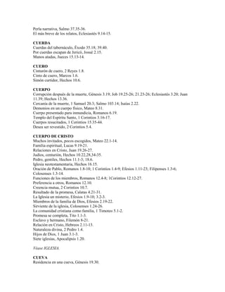 Perla narrativa, Salmo 37.35-36.
El más breve de los relatos, Eclesiastés 9.14-15.
CUERDA
Cuerdas del tabernáculo, Éxodo 35.18; 39.40.
Por cuerdas escapan de Jericó, Josué 2.15.
Manos atadas, Jueces 15.13-14.
CUERO
Cinturón de cuero, 2 Reyes 1.8.
Cinto de cuero, Marcos 1.6.
Simón curtidor, Hechos 10.6.
CUERPO
Corrupción después de la muerte, Génesis 3.19; Job 19.25-26; 21.23-26; Eclesiastés 3.20; Juan
11.39; Hechos 13.36.
Cercanía de la muerte, 1 Samuel 20.3; Salmo 103.14; Isaías 2.22.
Demonios en un cuerpo físico, Mateo 8.31.
Cuerpo presentado para inmundicia, Romanos 6.19.
Templo del Espíritu Santo, 1 Corintios 3.16-17.
Cuerpos resucitados, 1 Corintios 15.35-44.
Desea ser revestido, 2 Corintios 5.4.
CUERPO DE CRISTO
Muchos invitados, pocos escogidos, Mateo 22.1-14.
Familia espiritual, Lucas 9.19-21.
Relaciones en Cristo, Juan 19.26-27.
Judíos, centurión, Hechos 10.22,28,34-35.
Pedro, gentiles, Hechos 11.1-3; 18.6.
Iglesia neotestamentaria, Hechos 16.15.
Oración de Pablo, Romanos 1.8-10; 1 Corintios 1.4-9; Efesios 1.11-23; Filipenses 1.3-6;
Colosenses 1.3-14.
Funciones de los miembros, Romanos 12.4-8; 1Corintios 12.12-27.
Preferencia a otros, Romanos 12.10.
Creencia mutua, 2 Corintios 10.7.
Resultado de la promesa, Calatas 4.21-31.
La Iglesia un misterio, Efesios 1.9-10; 3.2-3.
Miembros de la familia de Dios, Efesios 2.19-22.
Sirviente de la iglesia, Colosenses 1.24-26.
La comunidad cristiana como familia, 1 Timoteo 5.1-2.
Promesa se completa, Tito 1.1-3.
Esclavo y hermano, Filemón 8-21.
Relación en Cristo, Hebreos 2.11-13.
Naturaleza divina, 2 Pedro 1.4.
Hijos de Dios, 1 Juan 3.1-3.
Siete iglesias, Apocalipsis 1.20.
Véase IGLESIA.
CUEVA
Residencia en una cueva, Génesis 19.30.
 