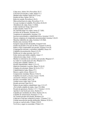 Culpa atroz, Salmo 38.4; Proverbios 28.17.
Conciencia de pecado y culpa, Salmo 51.3.
Maldad sobre maldad, Salmo 69.27 (rva).
Perdón de Dios, Salmo 130.3-4.
Robo de comida, Proverbios 6.30-31.
Mala actitud hacia la culpa, Proverbios 17.15.
Los que inculpan al culpable, Proverbios 24.24-25.
Abundancia de culpa, Isaías 1.4 (lbd).
Culpa expiada por fuego, Isaías 6.6-7.
Culpas pasadas, Isaías 43.18.
No esperaba pagar sus culpas, Isaías 47.7 (BJ).
En busca de un desastre, Jeremías 44.7.
Vergüenza al sorprenderlo, Jeremías 2.26.
Inocencia proclamada y culpabilidad obvia, Jeremías 2.34-35.
Sincera vergüenza al comprender pecaminosidad, Jeremías 3.24-25.
Manchas indelebles de culpa, Jeremías 2.22 (lbd).
Perdón total, Jeremías 50.20.
Ezequiel carga pecado del pueblo, Ezequiel 4.4-6.
Grados de pecados a los ojos de Dios, Ezequiel 16.48-52.
Padres e hijos responsables por pecado, Ezequiel 18.4-20.
Congregación inocente y sacerdotes culpables, Oseas 4.4.
Culpables de prostitución, Oseas 4.13-14.
Perdón por la culpa nacional, Joel 3.21.
Echar suertes para hallar culpable, Jonás 1.7.
Admisión de culpa, Jonás 1.10-12.
Meditar en alternativas de sacrificio por pecado, Miqueas 6.7.
La culpa no se pude pasar por alto, Miqueas 6.11.
Castigo para culpable, Nahum 1.3.
Pecado imperdonable, Mateo 12.31-32.
Hipócrita semejante a asesino, Mateo 23.29-32.
Cómplice de asesinato, Mateo 26.14-16; 27.3.
Culpabilidad de Judas, Mateo 27.3.
Buscar a quién criticar, Marcos 3.2.
Comprensión retardada, Marcos 14.66-72.
Culpables de mucho y de poco, Lucas 7.36-50.
Acusación a fariseos, Lucas 11.45-54.
Pecado a escondidas, Juan 3.20.
Verdad versus culpa, Juan 7.45-46.
Pecado universal, Juan 8.6-11.
Pedazo de pan implica culpabilidad, Juan 13.21-27.
«No lo hallo culpable de nada», Juan 19.6 (lbd).
Pecado de ignorancia, Hechos 3.17; 1 Timoteo 1.12-14.
Aprobar lo mal hecho por otros, Hechos 8.1.
Culpable por mordedura de víbora, Hechos 28.1-6.
Culpable de santurronería, Romanos 2.1-16.
No cuentan pecados del pasado, Romanos 4.8.
Culpa por el mal que conquistó la mujer, 1Timoteo 2.14.
Castigo merecido por pecado deliberado, Hebreos 10.28-31.
Los que se vuelven atrás, 2 Pedro 2.20-22.
Ver la luz y seguir en oscuridad, 2 Pedro 2.21.
 