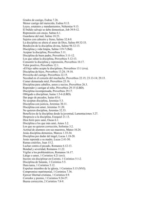 Grados de castigo, Esdras 7.26.
Menor castigo del merecido, Esdras 9.13.
Leyes, estatutos y mandamientos, Nehemías 9.13.
El búfalo salvaje se debe domesticar, Job 39.9-12.
Reprensión con enojo, Salmo 6.1.
Guardarse del mal, Salmo 18.23.
Sujetos con cabestro y freno, Salmo 32.8-9.
La disciplina no altera el amor de Dios, Salmo 89.32-33.
Bendición de la disciplina divina, Salmo 94.12-13.
Disciplina y vida limpia, Salmo 119-7 (lbd).
Aceptar la disciplina, Proverbios 3.11.
Disciplina de buen padre, Proverbios 3.11-12.
Los que odian la disciplina, Proverbios 5.12-13.
Consentir la disciplina y reprensión, Proverbios 10.17.
Valor positivo, Proverbios 12.1.
«El hijo sabio acepta la disciplina», Proverbios 13.1 (rva).
Disciplina de hijos, Proverbios 13.24; 19.18.
Provecho del castigo, Proverbios 22.15.
Necedad en el corazón del muchacho, Proverbios 22.15; 23.13-14; 29.15.
Comer demasiada miel, Proverbios 25.16. |
Disciplina para caballos, asnos y necios, Proverbios 26.3.
Reprender y castigar al niño, Proverbios 29.15 (LBD).
Disciplina recompensada, Proverbios 29.17.
Obligado a disciplinar, Isaías 1.5-6 (LBD).
Dar pago de pecados, Isaías 65.6.
No aceptan disciplina, Jeremías 5.3.
Disciplina con justicia, Jeremías 30.11.
Disciplina con amor, Jeremías 31.20.
No quieren disciplina, Jeremías 32.33.
Beneficios de la disciplina desde la juventud, Lamentaciones 3.27.
Desprecio a la disciplina, Ezequiel 21.13.
Dios hirió pero sanó, Oseas 6.1.
Disciplina a los que más amó, Amos 3.2.
Los que no quieren corrección, Sofonías 3.2.
Actitud de alumnos con sus maestros, Mateo 10.24.
Jesús disciplina demonios, Marcos 1.33-34.
Disciplina por dudar del ángel, Lucas 1.18-20.
Jesús reprende a su madre, Lucas 2.41-50.
Ramas estériles, Juan 15.2.
Luchar contra el pecado, Romanos 6.12-13.
Bondad y severidad, Romanos 11.22.
Vigilar a los problemáticos, Romanos 16.17.
Látigo o amor, 1 Corintios 4.21 (nvi).
Incesto sin disciplinar en Corinto, 1 Corintios 5.1-2.
Disciplina de Satanás, 1 Corintios 5.5.
Dura tarea, 1 Corintios 5.12.
Expulsar miembro de la iglesia, 1 Corintios 5.13 (NVI).
Compromiso matrimonial, 1 Corintios 7.36.
Ejercer libertad cristiana, 1 Corintios 8.9.
Corredor y premio, 1 Corintios 9.24-27.
Buena corrección, 2 Corintios 7.8-9.
 