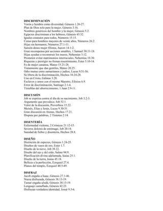 DISCRIMINACIÓN
Varón y hembra como diversidad, Génesis 1.26-27.
Plan de Dios solo para la mujer, Génesis 3.16.
Nombres genéricos del hombre y la mujer, Génesis 5.2.
Egipcios discriminan a los hebreos, Génesis 43.32.
Iguales estatutos para todos, Números 15.15.
Censo para hombres mayores de veinte años, Números 26.2.
Hijas sin hermanos, Números 27.1-11.
Sansón desea mujer filistea, Jueces 14.1-2.
Gran recompensa por acciones amables, 1 Samuel 30.11-18.
Hijas ayudan a reconstruir los muros, Nehemías 3.12.
Prometen evitar matrimonios interraciales, Nehemías 10.30.
Riquezas y prestigio no frenan resentimiento, Ester 5.10-14.
Fe de mujer cananea, Mateo 15.21-28.
Tratamiento que dan gentiles, Mateo 20.25.
Odio mutuo entre samaritanos y judíos, Lucas 9.51-56.
Se libera de la discriminación, Hechos 10.24-28.
Uno en Cristo, Gálatas 3.28.
Esclavos y amos con el mismo Maestro, Efesios 6.9.
Error de discriminación, Santiago 2.1-4.
Tinieblas del aborrecimiento, 1 Juan 2.9-11.
DISCUSIÓN
Job se expresa contra el día de su nacimiento, Job 3.2-3.
Argumento que prevalece, Job 32.1.
Valor de la discusión, Proverbios 15.22.
Moisés, Elías y Jesús, Lucas 9.30-31.
Gran discusión en Atenas, Hechos 17.21.
Disputa por palabras, 2 Timoteo 2.14.
DISENTERÍA
Enfermedad violenta, 2 Crónicas 21.12-15.
Severos dolores de estómago, Job 20.14.
Sanidad de fiebre y disentería, Hechos 28.8.
DISEÑO
Distinción de especies, Génesis 1.24-25.
Diseños de vasos de oro, Ester 1.7.
Diseño de la nieve, Job 38.22.
Diseño del ojo y del oído, Salmo 94.9.
Planificación divina adelantada, Isaías 25.1.
Diseño de la tierra, Isaías 45.18.
Belleza a la perfección, Ezequiel 27.4.
Planos del templo, Ezequiel 40.5-49.
DISFRAZ
Jacob engaña a Isaac, Génesis 27.1-46.
Nuera disfrazada, Génesis 38.13-19.
Tamar engaña aJudá, Génesis 38.13-19.
Lenguaje camuflado, Génesis 42.23.
Disfrazan verdadera identidad, Josué 9.3-6.
 