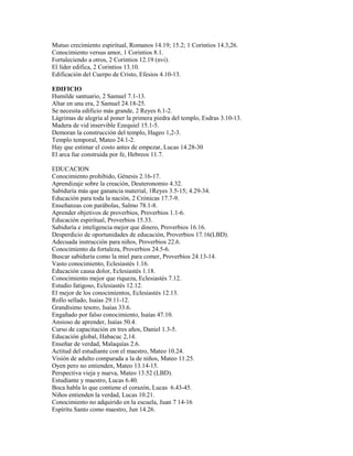 Mutuo crecimiento espiritual, Romanos 14.19; 15.2; 1 Corintios 14.3,26.
Conocimiento versus amor, 1 Corintios 8.1.
Fortaleciendo a otros, 2 Corintios 12.19 (nvi).
El líder edifica, 2 Corintios 13.10.
Edificación del Cuerpo de Cristo, Efesios 4.10-13.
EDIFICIO
Humilde santuario, 2 Samuel 7.1-13.
Altar en una era, 2 Samuel 24.18-25.
Se necesita edificio más grande, 2 Reyes 6.1-2.
Lágrimas de alegría al poner la primera piedra del templo, Esdras 3.10-13.
Madera de vid inservible Ezequiel 15.1-5.
Demoran la construcción del templo, Hageo 1,2-3.
Templo temporal, Mateo 24.1-2.
Hay que estimar el costo antes de empezar, Lucas 14.28-30
El arca fue construida por fe, Hebreos 11.7.
EDUCACION
Conocimiento prohibido, Génesis 2.16-17.
Aprendizaje sobre la creación, Deuteronomio 4.32.
Sabiduría más que ganancia material, 1Reyes 3.5-15; 4.29-34.
Educación para toda la nación, 2 Crónicas 17.7-9.
Enseñanzas con parábolas, Salmo 78.1-8.
Aprender objetivos de proverbios, Proverbios 1.1-6.
Educación espiritual, Proverbios 15.33.
Sabiduría e inteligencia mejor que dinero, Proverbios 16.16.
Desperdicio de oportunidades de educación, Proverbios 17.16(LBD).
Adecuada instrucción para niños, Proverbios 22.6.
Conocimiento da fortaleza, Proverbios 24.5-6.
Buscar sabiduría como la miel para comer, Proverbios 24.13-14.
Vasto conocimiento, Eclesiastés 1.16.
Educación causa dolor, Eclesiastés 1.18.
Conocimiento mejor que riqueza, Eclesiastés 7.12.
Estudio fatigoso, Eclesiastés 12.12.
El mejor de los conocimientos, Eclesiastés 12.13.
Rollo sellado, Isaías 29.11-12.
Grandísimo tesoro, Isaías 33.6.
Engañado por falso conocimiento, Isaías 47.10.
Ansioso de aprender, Isaías 50.4.
Curso de capacitación en tres años, Daniel 1.3-5.
Educación global, Habacuc 2,14.
Enseñar de verdad, Malaquías 2.6.
Actitud del estudiante con el maestro, Mateo 10.24.
Visión de adulto comparada a la de niños, Mateo 11.25.
Oyen pero no entienden, Mateo 13.14-15.
Perspectiva vieja y nueva, Mateo 13.52 (LBD).
Estudiante y maestro, Lucas 6.40.
Boca habla lo que contiene el corazón, Lucas 6.43-45.
Niños entienden la verdad, Lucas 10.21.
Conocimiento no adquirido en la escuela, Juan 7 14-16
Espíritu Santo como maestro, Jun 14.26.
 