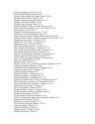 Recabitas ejemplares, Jeremías 35.1-16.
Evitar ejemplo del padre, Ezequiel 20.18.
Belsasar rechaza ejemplo de su padre, Daniel 5.18-24.
Aprenden malos ejemplos, Zacarías 1.4-6.
Ejemplo de profetas perseguidos, Mateo 5.11-12.
Ejemplo y exhortación, Mateo 16.21-25.
Practicar lo que se predica, Mateo 23.1-3.
Ejemplo de lámpara visible, no oculta, Marcos 4.21-22.
Jesús enseñó con su ejemplo, Lucas 11.1-4; 1 Pedro 2.21-25.
Reina ejemplar, Lucas 11.29-31.
Ejemplo viviente desde adentro, Lucas 11.33-36.
Advertencia contra el mal ejemplo, Lucas 17.32.
Pablo se muestra confiado en lugares difíciles, Hechos 20.22-24.
Estilo de vida de cristianos verdaderos, Romanos 12.9-21 (véase v. 17).
Ejemplo para convertidos, 1 Corintios 4.15-16.
Libertad en comer y beber, 1 Corintios 8.7-13.
Ejemplo para otros, 1 Corintios 10.32-33.
Pablo siguió ejemplo de Cristo, 1 Corintios 11.1.
Malas actitudes en la alabanza, 1 Corintios 11.17-32.
Buen ejemplo, mediante gracia de Dios, 2Corintios 1.12.
Gana derecho de que lo escuchen, 2 Corintios 4.1-2.
Estilo de vida demostrado con ejemplos, 2Corintios 6.4-10.
Ejemplo supremo del Señor Jesús, 2 Corintios 8.7-9.
Tener la misma preocupación del líder, 2 Corintios 8.16.
Buen y mal ejemplo, Efesios 4.31-32.
Ejemplo de amor, Efesios 5.1-2.
Prisiones ayudan a otros a testificar con audacia, Filipenses 1.12-14.
Testigos por ejemplo, Filipenses 1.28-29.
Compromiso total y ejemplo de Jesús, Filipenses 2.5-11.
Valor del ejemplo de otros, Filipenses 3.17.
Liderazgo ejemplar, Filipenses 4.9.
Imitadores de Pablo, 1 Tesalonicenses 1.6.
Creyentes ejemplares, 1 Tesalonicenses 1.7.
Modelo de liderazgo, 1 Tesalonicenses 2.1-16.
Ejemplo de conducta diaria y trabajo, 2 Tesalonicenses 3.6-10.
Pablo trabajó para no ser gravoso, 2 Tesalonicenses 3.6-10.
Gracia para el peor de los pecadores, 1 Timoteo 1.15-16.
Ejemplo de joven cristiano, 1 Timoteo 4.12.
Buen y mal ejemplo, 1 Timoteo 5.24-25.
Ejemplo de Pablo a Timoteo, 2 Timoteo 3.10-11.
Familias de ancianos deben ser ejemplares, Tito 1.6.
Ejemplo de buen maestro, Tito 2.6-7.
Los que muestran iniciativas, Hebreos 6.11-12.
Culto en el santuario del supremo Sumo Sacerdote, Hebreos 8.1-6.
Ejemplos mutuos, Hebreos 10.24-25.
Ejemplo de vivir por fe, Hebreos 12.1-3.
Vivir en buenas relaciones, Hebreos 12.14-15.
Liderazgo ejemplar, Hebreos 13.7.
Testigo de vida santa, 1 Pedro 2.12.
«Sigan sus pasos», 1 Pedro 2.21 (nvi).
Ejemplo convincente, 1 Pedro 4.4.
 