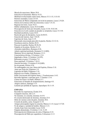 Mezcla de emociones, Mateo 28.8.
Emoción en Getsemaní, Marcos 14.33.
Multitud revolucionada contra Jesús, Marcos 15.11-15; 11.8-10.
Pastores asustados, Lucas 2.8-10.
Emociones de María comparada con la de los pastores, Lucas 2.19,20.
Efectos de la música sobre las emociones, Lucas 7.31-32.
Regocijo de Jesús, Lucas 10.21.
Hablar calladamente, Lucas 10.23 (LBD).
Preocupación de Jesús por Jerusalén, Lucas 13.34; 19.41-44.
Emoción en el cielo cuando un pecador se arrepiente, Lucas 15.3-10.
Realidad encubierta, Lucas 24.41.
Razón del gozo de discípulos, Lucas 24.50-53.
Emoción del interior, Juan 7.38-39.
Lágrimas de Jesús, Juan 11.35.
Demasiado emocionada para abrir la puerta, Hechos 12.12-16.
Enseñanza emotiva, Hechos 20.31.
Pena por la partida, Hechos 20.36-38.
Empatia en las penas, Hechos 21.13.
«Gemidos indecibles», Romanos 8.26.
Anhelo espiritual profundo, Romanos 9.1 (LBD).
Mantener fervor espiritual, Romanos 12.11.
Características divinas, 2 Corintios 1.3-4.
Impulsado a llorar, 2 Corintios 2.4 (VP).
Rebosante en gozo, 2 Corintios 7.4.
Pena espiritual, 2 Corintios 7.10-11.
Oración ferviente, 2 Corintios 9.14 (LBD).
Ira sin pecado, Efesios 4.26.
No embriagados con vino, llenos del Espíritu, Efesios 5.18.
Amor que Jesús da, Filipenses 1.8.
Lágrimas de Pablo, Filipenses 3.18.
Regocijo en el Señor, Filipenses 4.4.
Poder convincente del Espíritu Santo, 1 Tesalonicenses 1.4-5.
Recordar lágrimas y anticipar gozo, 2 Timoteo 1.3-4.
Clamor de Jesús a su Padre, Hebreos 5.7.
Emociones al llamado de arrepentimiento, Santiago 4.9.
Alegres cánticos, Santiago 5.13.
Lamento por pérdida de riquezas, Apocalipsis 18.11-19.
EMPATIA
Recordar las experiencias, Éxodo 23.9.
Compartir miserias, Job 2.13.
No lamentar, no consolar, Jeremías 16.5-9.
El corazón destrozado de Jeremías, Jeremías 23.9.
Dolor de varones como de parto, Jeremías 30.6.
Corazón de piedra, carne, Ezequiel 11.19.
Amigos preocupados logran la curación, Marcos 2.1-5; Lucas 5.17-20.
Fe de amigos y sanidad de hombre, Marcos 2.1-5.
Ayuda al que tiene necesidad, Lucas 14.24.
Empatia demostrada, 2 Corintios 1.3-4; 11.29.
Participación de tribulaciones de otros, Filipenses 4.14.
Preocupación de Pablo por seguidores, Colosenses 2.1-5.
 