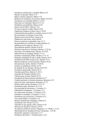 Enseñanza, predicación y sanidad, Mateo 4.23.
Maestro en pecado, Mateo 5.19.
Malos y buenos maestros, Mateo 5.19.
Relación de estudiante con maestro, Mateo 10.24-25.
Enseñanza con autoridad, Marcos 1.22,27.
Oyen pero no entienden, Marcos 4.11-12.
Enseñanza con parábolas, Marcos 4.34.
Honra solo de labios, Marcos 7.6-7.
No hacer tropezar a nadie, Marcos 9.42.
Espada que traspasa el alma, Lucas 2.34-45.
Comisionado para predicar y enseñar, Lucas 4.14-21.
De tal maestro, tal alumno, Lucas 6.40.
Misterios del reino de Dios, Lucas 8.10.
Palabras de vida eterna, Juan 6.60-69.
Poner en práctica lo aprendido, Juan 13.17.
Resentimiento por enseñar la verdad, Hechos 4.2.
Sabiduría de los egipcios, Hechos 7.22.
Necesidad de maestro, Hechos 8.26-29.
Primeros maestros en Antioquia, Hechos 11.22-26.
Sin temor a las tribulaciones, Hechos 14.19-22.
Pablo discute en sinagoga, Hechos 17.1-3.
Enseñan a estudiantes nobles, Hechos 17.11-12.
Programa estudiantil de año y medio, Hechos 18.11.
Enseñanzas de Pablo contra la ley, Hechos 18.13.
Maestro poderoso en las Escrituras, Hechos 18.24.
Elocuencia de Apolos, Hechos 18.24-26.
Enseña con diligencia, Hechos 18.25.
Se despide de sus alumnos, Hechos 20.25-38.
Enseñanza apasionada, Hechos 20.31.
Enseñanza profética, Hechos 21.10-11.
Aprendió de Gamaliel, Hechos 22.3.
Valentía para enseñar, Hechos 28.31.
Enseñanza de buena doctrina, Romanos 6.17.
Verdad espiritual en términos humanos, Romanos 6.19.
Llenos de todo conocimiento, Romanos 15.14.
Maestro pide oración, Romanos 15.31-32.
Enseñanzas falsas, Romanos 16.17-18.
Sin necesidad de elocuencia, 1 Corintios 2.1.
Fidelidad de estudiantes, 1 Corintios 11.2.
El camino más excelente, 1 Corintios 12.31.
Entender lo enseñado, 2 Corintios 1.13-14.
Enseñanza con convicción, 2 Corintios 4.13.
Tosco para hablar, 2 Corintios 11.6.
Maestro aprende del estudiante, Calatas 6.6.
Enseñanza vital, Efesios 4.22-24.
Aprender lo que agrada a Dios, Efesios 5.10.
Orar por los maestros, Efesios 6.19-20.
No molesta enseñar lo mismo, Filipenses 3.1; 2 Pedro 1.12-15.
Manifestación de enseñanza divina, Colosenses , 1.25-26.
Desarrollo espiritual, Colosenses 2.1-5.
Imitadores del Señor, 1 Tesalonicenses 1.4-5.
 