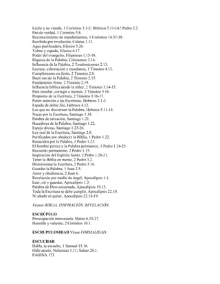 Leche y no vianda, 1 Corintios 3.1-2; Hebreos 5.11-14;! Pedro 2.2.
Pan de verdad, 1 Corintios 5.8.
Reconocimiento de mandamientos, 1 Corintios 14.37-38.
Recibido por revelación, Calatas 1.12.
Agua purificadera, Efesios 5.26.
Yelmo y espada, Efesios 6.17.
Poder del evangelio, Filipenses 1.15-18.
Riqueza de la Palabra, Colosenses 3.16.
Influencia de la Palabra, 2 Tesalonicenses 2.13.
Lectura, exhortación y enseñanza, 1 Timoteo 4.13.
Cumplimiento en Jesús, 2 Timoteo 2.8.
Buen uso de la Palabra, 2 Timoteo 2.15.
Fundamento firme, 2 Timoteo 2.19.
Influencia bíblica desde la niñez, 2 Timoteo 3.14-15.
Para enseñar, corregir e instruir, 2 Timoteo 3.16.
Propósito de la Escritura, 2 Timoteo 3.16-17.
Poner atención a las Escrituras, Hebreos 2.1-3.
Espada de doble filo, Hebreos 4.12.
Los que no disciernen la Palabra, Hebreos 5.11-14.
Nacer por la Escritura, Santiago 1.18.
Palabra de salvación, Santiago 1.21.
Hacedores de la Palabra, Santiago 1.22.
Espejo divino, Santiago 1.23-26.
Ley real de la Escritura, Santiago 2.8.
Purificados por obedecer la Biblia, 1 Pedro 1.22.
Renacidos por la Palabra, 1 Pedro 1.23.
El hombre perece y la Palabra permanece, 1 Pedro 1.24-25.
Recuerdo permanente, 2 Pedro 1.15.
Inspiración del Espíritu Santo, 2 Pedro 1.20-21.
Tener la Biblia en mente, 2 Pedro 3.2.
Distorsionan la Escritura, 2 Pedro 3.16.
Guardar la Palabra, 1 Juan 2.5.
Amor y obediencia, 2 Juan 6.
Revelación por medio de ángel, Apocalipsis 1.1.
Leer, oír y guardar, Apocalipsis 1.3.
Palabra de Dios encarnada, Apocalipsis 19.13.
Toda la Escritura se debe cumplir, Apocalipsis 22.10.
Ni añadir ni quitar, Apocalipsis 22.18-19.
Véanse BIBLIA, INSPIRACIÓN, REVELACIÓN.
ESCRÚPULO
Preocupación innecesaria, Mateo 6.25-27.
Humilde y valiente, 2 Corintios 10.1.
ESCRUPULOSIDAD Véase FORMALIDAD.
ESCUCHAR
Habla, te escucho, 1 Samuel 15.16.
Oído atento, Nehemías 1.11; Salmo 28.1.
PAGINA 173
 