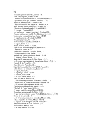 FE
Dios como primera prioridad, Génesis 1.1.
Duda vencida por fe, Génesis 15.1-6.
Continuidad de la familia de la fe, Deuteronomio 4.9-10.
Esperar aún, ver lo que Dios hará, 1 Samuel 12.16.
Seguro de bondad divina, 2 Samuel 22.31.
Cuestión de ejército más que de fe, 2 Samuel 24.10.
Abrir ojos a la protección divina, 2 Reyes 6.16-17.
Falla en dar énfasis adecuado, 2 Reyes 13.14-19.
Fe y obras, 1 Crónicas 19.13.
Los que buscan y los que renuncian, 2 Crónicas 15.2.
Consejo maligno para pueblo fiel, 2 Crónicas 32.10-15.
No necesitan protección del rey, Esdras 8.21-23.
Fe inquebrantable, Job 1.22; 2.10; 13.15.
Abogado en el cielo, Job 16.19.
Declaración clásica de fe, Job 19.25-26.
Fe segura, Salmo 27.1.
Prueba positiva, Salmo 34.8 (lbd).
Dejar a Dios realizar su propósito, Salmo 57.2.
Linaje de fe, Salmo 78.5-8.
Dios bendice pequeños y grandes, Salmo 115.13.
Fidelidad eterna de Dios, Salmo 117.2.
Mejor fe que confiar en hombre, Salmo 118.5-9.
Fe presente y futura, Salmo 131.3.
Seguridad de las promesas de Dios, Salmo 145.13.
La fe es más importante que la fuerza física, Salmo 147.10-11.
Fórmula de fe, Proverbios 3.5-6.
Clave del éxito, Proverbios 22.4.
Seguridad prometida, Proverbios 29.25; Nahum 1.7.
Estén firmes o no permanecerán, Isaías 7.9.
Fe segura, Isaías 26.3.
Fe bajo fuego, Daniel 3.16-17.
Fe humilde, Daniel 9.18.
Fe en ídolo robado, Oseas 10.5.
Justo vive por fe, Habacuc 2.4.
La fortaleza más grande es la fe en Dios, Zacarías 12.5.
Complacencia de Dios al actuar con fe, Mateo 8.2-4.
La fe hace que las cosas pasen, Mateo 8.13.
Confianza en poder de Jesús, Mateo 9.18-25.
Falla la fe de Pedro, Mateo 14.22-31.
Fe supera tradición racista, Mateo 15.21-28.
Demasiado resistentes a la fe, Mateo 17.17.
Fe que mueve montañas, Mateo 17.20; 21.21-22; Marcos 4.30-32.
Apoyo de fe, Marcos 2.1-5.
La fe de los amigos ocasionó la sanidad, Marcos 2.1-5.
Falta de fe en los discípulos, Marcos 4.36-41.
Se requiere fe en otros para sanidad, Marcos 6.4-6.
Potencial ilimitado de la fe, Marcos 9.23-24.
Insuficiente fe, Marcos 9.24.
Fe de niños, Marcos 10.13-16.
 
