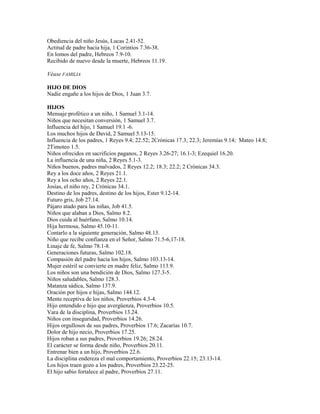 Obediencia del niño Jesús, Lucas 2.41-52.
Actitud de padre hacia hija, 1 Corintios 7.36-38.
En lomos del padre, Hebreos 7.9-10.
Recibido de nuevo desde la muerte, Hebreos 11.19.
Véase FAMILIA
HIJO DE DIOS
Nadie engañe a los hijos de Dios, 1 Juan 3.7.
HIJOS
Mensaje profético a un niño, 1 Samuel 3.1-14.
Niños que necesitan conversión, 1 Samuel 3.7.
Influencia del hijo, 1 Samuel 19.1 -6.
Los muchos hijos de David, 2 Samuel 5.13-15.
Influencia de los padres, 1 Reyes 9.4; 22.52; 2Crónicas 17.3; 22.3; Jeremías 9.14; Mateo 14.8;
2Timoteo 1.5.
Niños ofrecidos en sacrificios paganos, 2 Reyes 3.26-27; 16.1-3; Ezequiel 16.20.
La influencia de una niña, 2 Reyes 5.1-3.
Niños buenos, padres malvados, 2 Reyes 12.2; 18.3; 22.2; 2 Crónicas 34.3.
Rey a los doce años, 2 Reyes 21.1.
Rey a los ocho años, 2 Reyes 22.1.
Josías, el niño rey, 2 Crónicas 34.1.
Destino de los padres, destino de los hijos, Ester 9.12-14.
Futuro gris, Job 27.14.
Pájaro atado para las niñas, Job 41.5.
Niños que alaban a Dios, Salmo 8.2.
Dios cuida al huérfano, Salmo 10.14.
Hija hermosa, Salmo 45.10-11.
Contarlo a la siguiente generación, Salmo 48.13.
Niño que recibe confianza en el Señor, Salmo 71.5-6,17-18.
Linaje de fe, Salmo 78.1-8.
Generaciones futuras, Salmo 102.18.
Compasión del padre hacia los hijos, Salmo 103.13-14.
Mujer estéril se convierte en madre feliz, Salmo 113.9.
Los niños son una bendición de Dios, Salmo 127.3-5.
Niños saludables, Salmo 128.3.
Matanza sádica, Salmo 137.9.
Oración por hijos e hijas, Salmo 144.12.
Mente receptiva de los niños, Proverbios 4.3-4.
Hijo entendido e hijo que avergüenza, Proverbios 10.5.
Vara de la disciplina, Proverbios 13.24.
Niños con inseguridad, Proverbios 14.26.
Hijos orgullosos de sus padres, Proverbios 17.6; Zacarías 10.7.
Dolor de hijo necio, Proverbios 17.25.
Hijos roban a sus padres, Proverbios 19.26; 28.24.
El carácter se forma desde niño, Proverbios 20.11.
Entrenar bien a un hijo, Proverbios 22.6.
La disciplina endereza el mal comportamiento, Proverbios 22.15; 23.13-14.
Los hijos traen gozo a los padres, Proverbios 23.22-25.
El hijo sabio fortalece al padre, Proverbios 27.11.
 