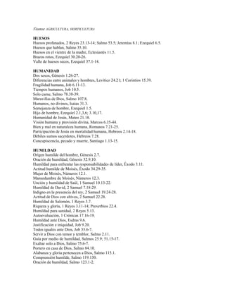 Véanse AGRICULTURA, HORTICULTURA
HUESOS
Huesos profanados, 2 Reyes 23.13-14; Salmo 53.5; Jeremías 8.1; Ezequiel 6.5.
Huesos que hablan, Salmo 35.10.
Huesos en el vientre de la madre, Eclesiastés 11.5.
Brazos rotos, Ezequiel 30.20-26.
Valle de huesos secos, Ezequiel 37.1-14.
HUMANIDAD
Dos sexos, Génesis 1.26-27.
Diferencias entre animales y hombres, Levítico 24.21; 1 Corintios 15.39.
Fragilidad humana, Job 6.11-13.
Tiempos humanos, Job 10.5.
Solo carne, Salmo 78.38-39.
Maravillas de Dios, Salmo 107.8.
Humanos, no divinos, Isaías 31.3.
Semejanza de hombre, Ezequiel 1.5.
Hijo de hombre, Ezequiel 2.1,3,6; 3.10,17.
Humanidad de Jesús, Mateo 21.18.
Visión humana y provisión divina, Marcos 6.35-44.
Bien y mal en naturaleza humana, Romanos 7.21-25.
Participación de Jesús en mortalidad humana, Hebreos 2.14-18.
Débiles sumos sacerdotes, Hebreos 7.28.
Concupiscencia, pecado y muerte, Santiago 1.13-15.
HUMILDAD
Origen humilde del hombre, Génesis 2.7.
Oración de humildad, Génesis 32.9,10.
Humildad para enfrentar las responsabilidades de líder, Éxodo 3.11.
Actitud humilde de Moisés, Éxodo 34.29-35.
Mujer de Moisés, Números 12.1.
Mansedumbre de Moisés, Números 12.3.
Unción y humildad de Saúl, 1 Samuel 10.13-22.
Humildad de David, 2 Samuel 7.18-29.
Indigno en la presencia del rey, 2 Samuel 19.24-28.
Actitud de Dios con altivos, 2 Samuel 22.28.
Humildad de Salomón, 1 Reyes 3.7.
Riqueza y gloria, 1 Reyes 3.11-14; Proverbios 22.4.
Humildad para sanidad, 2 Reyes 5.13.
Autoevaluación, 1 Crónicas 17.16-19.
Humildad ante Dios, Esdras 9.6.
Justificación e iniquidad, Job 9.20.
Todos iguales ante Dios, Job 33.6-7.
Servir a Dios con temor y temblor, Salmo 2.11.
Guía por medio de humildad, Salmos 25.9; 51.15-17.
Exaltar solo a Dios, Salmo 75.6-7.
Portero en casa de Dios, Salmo 84.10.
Alabanza y gloria pertenecen a Dios, Salmo 115.1.
Comprensión humilde, Salmo 119.130.
Oración de humildad, Salmo 123.1-2.
 
