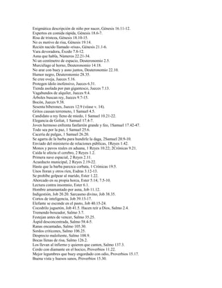 Enigmática descripción de niño por nacer, Génesis 16.11-12.
Expertos en comida rápida, Génesis 18.6-7.
Risa de tristeza, Génesis 18.10-15.
No es motivo de risa, Génesis 19.14.
Recién nacido llamado «risa», Génesis 21.1-6.
Vara devoradora, Éxodo 7.8-12.
Asna que habla, Números 22.21-34.
Ni un centímetro de espacio, Deuteronomio 2.5.
Murciélago al horno, Deuteronomio 14.18.
No arar con buey y asno juntos, Deuteronomio 22.10.
Humor negro, Deuteronomio 28.35.
Se cree oveja, Jueces 5.16.
Protegen ídolo inofensivo, Jueces 6.31.
Tienda asolada por pan gigantesco, Jueces 7.13.
Vagabundos de alquiler, Jueces 9.4.
Árboles buscan rey, Jueces 9.7-15.
Bocón, Jueces 9.38.
Sesenta biberones, Jueces 12.9 (véase v. 14).
Gritos causan terremoto, 1 Samuel 4.5.
Candidato a rey lleno de miedo, 1 Samuel 10.21-22.
Elegancia de Goliat, 1 Samuel 17.4-7.
Joven hermoso enfrenta fanfarrón grande y feo, 1Samuel 17.42-47.
Todo sea por la paz, 1 Samuel 25.6.
Cacería de pulgas, 1 Samuel 26.20.
Se agarra de la barba para hundirle la daga, 2Samuel 20.9-10.
Enviado del ministerio de relaciones públicas, 1Reyes 1.42.
Monos y pavos reales en aduana, 1 Reyes 10.22; 2Crónicas 9.21.
Caída le afecta el cerebro, 2 Reyes 1.2.
Primera nave espacial, 2 Reyes 2.11.
Acueducto municipal, 2 Reyes 2.19-22.
Hasta que la barba parezca corbata, 1 Crónicas 19.5.
Unos lloran y otros ríen, Esdras 3.12-13.
Se prohíbe golpear al marido, Ester 1.22.
Ahorcado en su propia horca, Ester 5.14; 7.5-10.
Lectura contra insomnio, Ester 6.1.
Hombre amamantado por asna, Job 11.12.
Indigestión, Job 20.20. Sarcasmo divino, Job 38.35.
Cortos de inteligencia, Job 39.13-17.
Elefante se esconde en el pasto, Job 40.15-24.
Cocodrilo juguetón, Job 41.5. Hacen reír a Dios, Salmo 2.4.
Tremendo boxeador, Salmo 3.7.
Festejan antes de vencer, Salmo 35.25.
Áspid desconcentrada, Salmo 58.4-5.
Ranas encantadas, Salmo 105.30.
Sordos criticones, Salmo 106.25.
Desprecio maloliente, Salmo 108.9.
Bocas llenas de risa, Salmo 126.2.
Los llevan al infierno y quieren que canten, Salmo 137.3.
Cerdo con diamante en el hocico, Proverbios 11.22.
Mejor legumbres que buey engordado con odio, Proverbios 15.17.
Buena vista y huesos sanos, Proverbios 15.30.
 