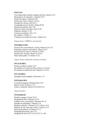 INSULTO
Unos depravados insultan a ángeles de Dios, Génesis 19.5.
Menosprecio de malvados, 1 Samuel 10.27.
Insulto de esposa, 2 Samuel 6.20.
Insulto para calvo, 2 Reyes 2.23-24.
Enojado por críticas, Job 20.2-3.
Acongojado por los insultos, Salmo 69.20.
Insulto para pueblo, Juan 1.46.
Ofrecen a Jesús vino agrio, Juan 19.29.
Palabrero, Hechos 17.18.
Cretenses insultados, Tito 1.12.
Sin ofender, 1 Pedro 2.1.
Vituperios en nombre de Cristo, 1 Pedro 4.14.
Véanse BURLA, CRÍTICA, DIFAMACIÓN,
INSURRECCIÓN
Insurrección contra Moisés y Aarón, Números 24.1-25.
Estrategia contrarrevolucionaria, 2 Reyes 9.6-7.
Insurrección de siervos, 2 Reyes 12.19-20.
Insurrección vencida, 2 Reyes 21.23-24.
Hijos matan padre, 2 Crónicas 32.21.
Véanse PURGA, REBELIÓN, RENEGAR, TRAIDOR
INTACHABLE
Perfecta conducta, Salmo 119.1.
Revestidos con el amor de Dios, Efesios 1.4 (LBD).
Sin mancha en medio del mal, Filipenses 2.14-16.
INTANGIBLE
Intangible hecho tangible, Colosenses 1.15.
INTEGRACIÓN
Costumbres paganas, Deuteronomio 18.9.
Barrera racial, Cantares 1.5-6.
Judíos y centurión, Hechos 10.22,28,34-35.
Véase RACISMO
INTEGRIDAD
Hombres íntegros, Éxodo 18.21.
Integridad de Dios, Números 23.19.
Cumplir votos y juramentos, Números 30.1-2.
Ejemplo de integridad, 1 Samuel 12.4.
Rechazar soborno, 2 Samuel 18.12; 1 Reyes 13.8.
Palabras de más valor que recibos, 2 Reyes 12.15.
Destrucción parcial, 2 Crónicas 12.12.
Integridad persistente, Job 2.3,9.
Integridad de Job, Job 27.4-6; 29.14; 31.1-40.
 
