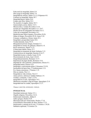 Falta total de integridad, Salmo 5.9.
Dios juzga la integridad, Salmo 7.8.
Integridad de carácter, Salmo 15.1-5; Filipenses 4.8.
Caminar en integridad, Salmo 20.7.
Integridad básica, Salmo 24.4.
Limpio ante Dios, Salmo 32.2.
No encubrir el engaño, Salmo 101.7.
Generosidad y juicio, Salmo 112.5.
Misericordia y verdad, Proverbios 3.3-4.
Guiado por integridad, Proverbios 11.3; 20.7.
Diseño divino de integridad, Proverbios 16.11.
Valor de la integridad, Proverbios 19.1.
Bendición para labios íntegros, Proverbios 24.26.
Odian al íntegro, Proverbios 29.10; Amos 5.10.
Consejos verdaderos y firmes, Isaías 25.1.
Integridad y prosperidad, Isaías 32.8.
Verdad detenida, Isaías 59.15.
Búsqueda de persona íntegra, Jeremías 5.1.
Integridad en asuntos de gobierno, Daniel 6.1-4.
Reyes mentirosos, Daniel 11.27.
Comerciante ladrón, Oseas 12.7.
Integridad en remanente de Israel, Sofonías 3.13.
Características de integridad, Zacarías 8.16-17.
Integridad en poco o mucho, Lucas 16.10.
Discernimiento de Jesús, Juan 2.24-25.
Integridad permanente, Romanos 12.17.
Importancia de pagar deudas, Romanos 13.8.
Dignidad de vida conforme a llamamiento, Efesios 4.1.
Integridad mutua, Efesios 4.25.
Integridad y conocimiento pleno, Colosenses 3.9-10.
Incansables de hacer bien, 2 Tesalonicenses 3.13.
Fe y buena conciencia, 1 Timoteo 1.19.
Dios no miente, Tito 1.2.
Integridad en vida cristiana, Tito 2.7.
Amar justicia y aborrecer maldad, Hebreos 1.9.
Verdad y comunión, 1 Juan 1.3,5-6.
Integridad en el cielo, Apocalipsis 14.5.
Mentirosos arrojados a lago de fuego, Apocalipsis 21.8.
Integridad total en ciudad, Apocalipsis 21.27.
Véanse CARÁCTER, HONRADEZ, VERDAD.
INTELECTUAL
Humildad intelectual, Salmo 131.1.
Orgullo religioso, Proverbios 14.12.
Intelectuales destruidos, Abdías 8.
Judíos griegos, Hechos 9.29.
Menospreciado por intelectuales, Hechos 17.18.
Extraordinario intercambio de ideas, Hechos 17.21.
Intelectuales y mensaje de la cruz, 1 Corintios 1.18-24.
Sabiduría espiritual, 1 Corintios 2.6.
 