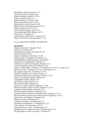 Maternidad y riqueza, Jeremías 17.11.
Tal madre, tal hija, Ezequiel 16.44.
Madre derribada, Ezequiel 19.10-14.
Como osa madre, Oseas 13.8.
Madres ante la cruz, Marcos 15.40.
Reacción de María, Lucas 2.19-20.
Reprimenda de madre, Lucas 2.41-50.
Madre de Jesús y la multitud, Lucas 8.19-21.
Madre anónima, Lucas 15.11-32.
Dolor de parto trae gozo, Juan 16.21.
Como madre para Pablo, Romanos 16.13.
Procreación, 1 Timoteo 2.15.
Viuda que haya criado hijos, 1 Timoteo 5.10.
Mujer en el cielo da a luz, Apocalipsis 12.1-6.
Véanse EMBARAZO, ESTÉRIL, NACIMIENTO
MADUREZ
Madurez de Samuel, 1 Samuel 3.19-21.
Gentileza, 2 Samuel 22.36.
Madurez para aconsejar, 2 Crónicas 10.1-15.
Fuerza de piedra, Job 6.12.
Camino de sabiduría, Proverbios 2.12-20.
Camino seguro a la madurez, Proverbios 9.1-6.
Profundidad de la verdad espiritual, Juan 6.60-69.
Propósito de las tribulaciones, Romanos 5.3.
Libertad de la esclavitud del pecado, Romanos 6.14.
Llenos de esperanza, gozo y paz, Romanos 15.13.
Leche y comida sólida, 1 Corintios 3.1-2; Hebreos 5.11,14; 6.1-3;1 Pedro 2.2-3.
Dejar de ser niño, 1 Corintios 13.11,13; 14.20; Efesios 4.14.
Ser aceptado como loco, 2 Corintios 11.16-19.
Espíritu de sabiduría y revelación, Efesios 1.17.
Geométricas dimensiones espirituales, Efesios 3.17-18.
Llegar a ser cristianos maduros, Efesios 4.13.
Lo agradable al Señor, Efesios 5.10.
Estar firmes y pelear, Efesios 6.13.
Obra perfeccionada, Filipenses 1.6.
Firmes en un mismo Espíritu, Filipenses 1.27-30.
Olvidar el pasado y seguir a la meta, Filipenses 3.12-16.
Contento en toda situación, Filipenses 4.12.
Marca de madurez cristiana, Colosenses 1.3-8.
Lleno del conocimiento de la voluntad de Dios, Colosenses 1.9-12.
Reconciliación por medio de la muerte de Cristo Colosenses 1.15-23.
Conversión y crecimiento, Colosenses 2.6-7.
Madurez en Cristo, Colosenses 4.12.
Cristianos motivados, 1 Tesalonicenses 1.3.
Afirmados e irreprensibles, 1 Tesalonicenses 3.13
Vida cristiana, 1 Tesalonicenses 4.11-12.
Crecimiento en fe y amor, 2 Tesalonicenses 1.3.
Enseñanza sobre el retorno de Cristo, 2Tesalonicenses 2.1-2.
No debe dirigir un recién convertido, 1 Timoteo 3.6.
 