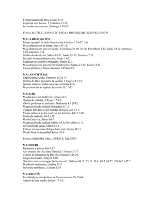 Temperamento de Dios, Oseas 11.9.
Reprende mal humor, 2 Corintios 12.20.
Ser tardos para airarse, Santiago 1.19-20.
Véanse ACTITUD, EMOCIÓN, ENOJO, HOSTILIDAD, RESENTIMIENTO
MALA DISPOSICIÓN
Primer ejemplo de mala disposición, Génesis 2.16-17; 3.6.
Mala disposición de nuera, But 1.14-18.
Mala disposición para escuchar, 2 Crónicas 30.10; 36.16; Proverbios 5.12; Isaías 30.12; Jeremías
6.10; Zacarías 7.12.
Pueblo desobediente, Salmo 81.11; Isaías 65.12; Jeremías 7.13.
Ejemplo de mala disposición, Jonás 1.1-3.
Rechazan invitación a banquete, Mateo 22.3.
Mala disposición para recibir bendiciones, Mateo 23.37; Lucas 13.34.
Falsos profetas y falsos maestros, 2 Pedro 3.9.
MALAS NOTICIAS
Reporte penalizado, Números 14.36-37.
Profeta de Dios proclama la verdad, 1 Reyes 14.1-18.
Buenas noticias, malas noticias, Jeremías 42.6.
Malas noticias se repiten, Jeremías 51.31-32.
MALDAD
Maldad anterior al diluvio, Génesis 6.5.
Grados de maldad, 2 Reyes 17.1-2.
«No le perdones su maldad», Nehemías 4.5 (VP).
Maquinación de maldad, Nehemías 6.1-2.
Cuidado preventivo por maldad de hijos, Job 1.1-5.
Visión satánica de los motivos del hombre, Job 2.1-10.
Profunda maldad, Job 15.35.
Maldad secreta, Salmo 10.7.
Maquinación de maldad, Salmo 36.4; Proverbios 4.16.
Perversión de causa, Salmo 56.5.
Rehusa intervención del que hace mal, Salmo 141.5.
Mente llena de iniquidad, Isaías 32.6.
Véanse DERROTA, MAL, MUERTE, PELIGRO
MALDECIR
Juramento y juicio, Rut 1.17.
Advertencia de Eli contra Samuel, 1 Samuel 3.17.
Clamor de inocencia de David, 2 Samuel 3.28-29.
Fuego devorador, 2 Reyes 1.10.
Oración contra enemigos, Nehemías 4.5; Salmos 10.15; 55.15; 58.6; 68.2; 69.22; 109.6-7; 137.7.
Maldición inminente, Hechos 23.3.
Presiente problemas, Calatas 1.19.
MALDICIÓN
Penalidad por desobediencia, Deuteronomio 28.15-68.
Apuros de una madre, Jueces 17.1-5.
 