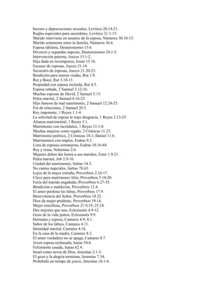 Incesto y depravaciones sexuales, Levítico 20.14-21.
Reglas especiales para sacerdotes, Levítico 21.1-15.
Marido interviene en asuntos de la esposa, Números 30.10-15.
Marido solamente entre la familia, Números 36.6.
Esposa idólatra, Deuteronomio 13.6.
Divorcio y segundas nupcias, Deuteronomio 24.1-5.
Intervención paterna, Jueces 15.1-2.
Hija dada en recompensa, Josué 15.16.
Escasez de esposas, Jueces 21.14.
Secuestro de esposas, Jueces 21.20-23.
Bendición para nueras viudas, Rut 1.9.
Rut y Booz, Rut 3.10-13.
Propiedad con esposa incluida, Rut 4.5.
Esposa robada, 2 Samuel 3.12-16.
Muchas esposas de David, 2 Samuel 5.13.
Pelea marital, 2 Samuel 6.16-23.
Hijo famoso de mal matrimonio, 2 Samuel 12.24-25.
Fin de relaciones, 2 Samuel 20.3.
Rey impotente, 1 Reyes 1.1-4.
La solicitud de esposa le trajo desgracia, 1 Reyes 2.13-25.
Alianza matrimonial, 1 Reyes 3.1.
Matrimonio con incrédulos, 1 Reyes 11.1-8.
Muchas mujeres como regalo, 2 Crónicas 11.23.
Matrimonio político, 2 Crónicas 18.1; Daniel 11.6.
Matrimonios con impíos, Esdras 9.2.
Lista de esposas extranjeras, Esdras 10.16-44.
Rey y reina, Nehemías 2.6.
Mujeres deben dar honra a sus maridos, Ester 1.9-21.
Pelea marital, Job 2.9-10.
Unidad del matrimonio, Salmo 34.3.
No cantos nupciales, Salmo 78.63.
Lejos de la mujer extraña, Proverbios 2.16-17.
Clave para matrimonio feliz, Proverbios 5.18-20.
Furia del marido engañado, Proverbios 6.27-35.
Bendición o maldición, Proverbios 12.4.
El amor perdona las faltas, Proverbios 17.9.
Benevolencia del Señor, Proverbios 18.22.
Dios da mujer prudente, Proverbios 19.14.
Mujer rencillosa, Proverbios 21.9,19; 25.24.
Dos mejores que uno, Eclesiastés 4.9-12.
Gozo de la vida juntos, Eclesiastés 9.9.
Hermana y esposa, Cantares 4.9; 8.1.
Sabor de los labios, Cantares 4.11.
Intimidad marital, Cantares 4.16.
En la casa de la madre, Cantares 8.2.
El amor verdadero no se apaga, Cantares 8.7.
Joven esposa rechazada, Isaías 54.6.
Felizmente casada, Isaías 62.4.
Israel como novia de Dios, Jeremías 2.1-3.
El gozo y la alegría terminan, Jeremías 7.34.
Prohibido en tiempo de juicio, Jeremías 16.1-4.
 