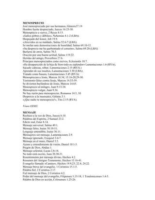 MENOSPRECIO
José menospreciado por sus hermanos, Génesis37.19.
Hombre fuerte despreciado, Jueces 16.23-30.
Menosprecio a siervo, 2 Reyes 8.13.
«Judíos pobres y débiles», Nehemías 4.1-2 (LBA).
Despojado del honor, Job 19.9.
«Atrevidos en su maldad», Salmo 52.6-7 (LBA).
Se mofan ante demostraciones de humildad, Salmo 69.10-12.
«Su desprecio me ha quebrantado el corazón», Salmo 69.20 (LBA).
Burlarse de otros, Salmo 70.3.
Oración por una buena actitud, Salmo 119.22.
Heridas del amigo, Proverbios 27.6.
Príncipes menospreciados como siervos, Eclesiastés 10.7.
«Ha desaparecido de la hija de Sion todo su esplendor» Lamentaciones 1.6 (RVA).
Sacudir cabezas, silbar, Lamentaciones 2.15 (RVA.)
Aprender de sus insultos, Lamentaciones 3.30 (LBA).
Tratado como basura, Lamentaciones 3.45 (RVA).
Menosprecian a Jesús, Marcos 10.34; 15.16-20,29-30.
Testimonio falso contra Jesús, Marcos 14.53-59.
Se divierten burlándose de Jesús, Marcos 14.65.
Menosprecio al milagro, Juan 9.13-34.
Menosprecio vulgar, Juan 9.34.
No hay razón para menospreciar, Romanos 14.3, 10.
Desprecio a la insensatez, Gálatas 3.1.
«¡Que nadie te menosprecie!», Tito 2.15 (RVA).
Véase ODIO,
MENSAJE
Rechazo a la voz de Dios, Jueces 6.10.
Palabras del Espíritu, 2 Samuel 23.2.
Edicto real, Ester 8.14.
Mensaje universal, Salmo 49.1.
Mensaje falso, Isaías 30.10-11.
Lenguaje entendible, Isaías 36.11.
Mensajeros sin mensaje, Lamentaciones 2.9.
Mensaje ignorado, Ezequiel 3.4-7.
Mensaje en el muro, Daniel 5.5.
Ayuno y entendimiento de visión, Daniel 10.1-3.
Pregón de Dios, Abdías 1.
Mensaje celestial, Lucas 2.8-14.
No todo está escrito, Juan 20.30-31.
Resentimiento por mensaje divino, Hechos 4.2.
Resumen del Antiguo Testamento, Hechos 13.16-41.
Evangelio llamado «Camino», Hechos 19.9,23; 22.4; 24.22.
Mensaje breve del evangelio, 1 Corintios 15.1-5.
Palabra fiel, 2 Corintios 2.17.
Fiel mensaje de Dios, 2 Corintios 4.2.
Poder del mensaje del evangelio, Filipenses 1.15-18; 1 Tesalonicenses 1.4-5.
Palabra de Dios en acción, Colosenses 1.25-26.
 