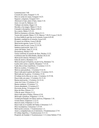 Lamentaciones 3.40.
Corazón de carne, Ezequiel 11.19.
Dios no actúa sin causa, Ezequiel 14.23.
Saquear y alegrarse, Ezequiel 36.5.
Aborrecer el mal, amar el bien, Amos 5.14.
Justo vive por fe, Habacuc 2.4.
Trabajar con ánimo, Hageo 2.4.
Herodes y los magos, Mateo 2.7-8,13.
Llamado a discípulos, Mateo 4.20-22.
Ira y juicio, Mateo 5.21-22.
Motivos humanos y divinos, Mateo 8.1-3.
Tesoro del corazón, Mateo 12.35; Marcos 7.20-23; Lucas 2.34-35.
La boca habla lo que hay en el corazón, Lucas 6.43-45.
Bondad y maldad en el corazón, Lucas 6.45.
El mayor en el Reino, Lucas 9.46-48.
Motivación egoísta, Lucas 15.11-32.
Motivos ante la cruz, Lucas 23.35-39.
Satánica motivación, Juan 13.2.
Amor del Señor, Juan 21.15-18.
Persistencia, Hechos 5.42.
Varón conforme al corazón de Dios, Hechos 13.22.
Confianza ante las dificultades, Hechos 20.22-24.
Motivación interior, Romanos 2.28-29.
Falta de motivo, Romanos 3.11.
Motivación por el Espíritu, no por la ley, Romanos 7.6.
Lucha entre carne y espíritu, Romanos 7.15-18.
Cada obra se hace manifiesta, 1 Corintios 3.12-13.
Motivos ocultos, 1 Corintios 4.5.
Motivos para predicar, 1 Corintios 9.16-18.
Hacer todo para la gloria del Señor, 1 Corintios 10.31.
Motivado por la gracia, 1 Corintios 15.10.
El trabajo en la obra no es vano, 1 Corintios 15.57-58.
Hacer todo con amor, 1 Corintios 16.13-14.
Buena motivación, 1 Corintios 16.13-14.
Amor de Cristo, 2 Corintios 5.14.
Buena conducta, 2 Corintios 7.2.
Gracia abundante, 2 Corintios 8.7.
Provisión divina, 2 Corintios 9.10.
Hijos de Dios, Efesios 1.5.
Vida de amor, Efesios 5.1-2.
Hacer todo para el Señor, Efesios 6.5-8.
Motivado a predicar, Filipenses 1.15-18.
Verdad proclamada con falsos motivos, Filipenses 1.18.
Visión futura, Filipenses 3.12-13.
Hacia la meta, Filipenses 3.12-16.
Hacer todo en el nombre del Señor, Colosenses 3.17.
Dios recompensa, Colosenses 3.23-24.
Motivación correcta, 1 Tesalonicenses 1.3.
Amor y compañerismo en el ministerio, 1Tesalonicenses 2.7-9.
El trabajo dignifica, 1 Tesalonicenses 4.11-12.
Propósito de bondad, 2 Tesalonicenses 1.11 (véase Salmos 37.4).
 