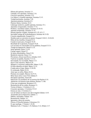Dilema del apóstata, Jeremías 3.1.
Llamado a los apostatas, Jeremías 3.14.
Cura de la apostasía, Jeremías 3.22.
Los líderes y el pueblo apostatan, Jeremías 5.3-5.
Verdad inexistente, Jeremías 7.28.
Apostasía perpetua, Jeremías 8.5.
Pastores fatuos, Jeremías 10.21.
Liderazgo inefectivo, pueblo apóstata, Jeremías 15.1.
Apostatas avergonzados, Jeremías 17.13.
Profetas y sacerdotes impíos, Jeremías 23.10-14.
Apóstata arrepentido, Jeremías 31.19.
Desean regresar a Egipto, Jeremías 42.1-22; 43.1-7.
Inevitable castigo de la desobediencia, Jeremías 44.15-28.
Corazón empedernido, Ezequiel 2.4.
Hombre justo se convierte en injusto, Ezequiel 3.20-21; 18.24-28.
Obras de las tinieblas, Ezequiel 8.12.
Cuando el justo peca, Ezequiel 18.24.
Resultado de la apostasía, Ezequiel 18.26.
Las acciones no concuerdan con las palabras, Ezequiel 33.31.
Tiempo de depuración, Daniel 11.35.
Israel apóstata, Oseas 1.9-10.
Castigo seguro, Oseas 9.7.
Se hacen abominables, Oseas 9.10.
Bendición material, Oseas 13.6.
Prevarican, ofrecen sacrificio y ofrenda, 4.4-5.
Vuelven la espalda, Zacarías 7.11-12.
Sal insípida, luz escondida, Mateo 5.13.
Servir a dos maestros, Mateo 6.24.
Milagros y corazones endurecidos, Mateo 11:20.
El fruto identifica al árbol, Mateo 12.33.
Cizaña entre el trigo, Mateo 13.24-30.
Fe rechazada, Mateo 24.10.
Amor que se enfría, Mateo 24.12.
Promesa sin cumplir, Marcos 14.27-31,
Mirar hacia atrás, Lucas 9.62; Gálatas 4.
Discípulos apostatas, Juan 6.66.
Oposición a la enseñanza de la resurrección Hechos 4.14.
Apelación a la historia como defensa, Hechos 7.1-60.
Cosas que avergüenzan, Romanos 6.21.
Restauración de los caídos, Romanos 11.
Yerran al blanco, 1 Corintios 4.1-21.
Creyentes apostatas, 1 Corintios 5.9-12
Gracia en vano, 2 Corintios 6.1.
Los de Galacia no hacen caso del evangelio Gálatas 1.6-9.
Arrastrados por la hipocresía, Gálatas 2.
Débiles, miserables, Gálatas 4.9.
Restauración, Gálatas 6.1.
Ignorantes, duros de corazón,
Efesios 4 Filosofía humana, Colosenses 2.8.
Fe que naufraga, 1 Timoteo 1.18-20.
Mantener la fe, 1 Timoteo 1.19; Hebreos 3:12, 2Pedro 3.17.
 