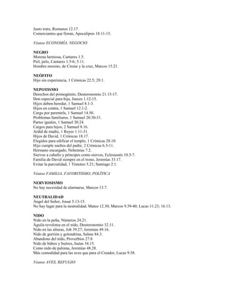 Justo trato, Romanos 12.17.
Comerciantes que lloran, Apocalipsis 18.11-15.
Véanse ECONOMÍA, NEGOCIO
NEGRO
Morena herniosa, Cantares 1.5.
Piel, pelo, Cantares 1.5-6; 5.11.
Hombre moreno, de Cirene y la cruz, Marcos 15.21.
NEÓFITO
Hijo sin experiencia, 1 Crónicas 22.5; 29.1.
NEPOTISMO
Derechos del primogénito, Deuteronomio 21.15-17.
Don especial para hija, Jueces 1.12-15.
Hijos deben heredar, 1 Samuel 8.1-3.
Hijos en contra, 1 Samuel 12.1-2.
Cargo por parentela, 1 Samuel 14.50.
Problemas familiares, 1 Samuel 20.30-31.
Partes iguales, 1 Samuel 30.24.
Cargos para hijos, 2 Samuel 8.16.
Ardid de madre, 1 Reyes 1.11-31.
Hijos de David, 1 Crónicas 18.17.
Elegidos para edificar el templo, 1 Crónicas 28.10.
Hijo cumple sueños del padre, 2 Crónicas 6.3-11.
Hermano encargado, Nehemías 7.2.
Siervos a caballo y príncipes como siervos, Eclesiastés 10.5-7.
Familia de David siempre en el trono, Jeremías 33.17.
Evitar la parcialidad, 1 Timoteo 5.21; Santiago 2.1.
Véanse FAMILIA, FAVORITISMO, POLÍTICA
NERVIOSISMO
No hay necesidad de alarmarse, Marcos 13.7.
NEUTRALIDAD
Ángel del Señor, Josué 5.13-15.
No hay lugar para la neutralidad, Mateo 12.30; Marcos 9.39-40; Lucas 11.23; 16.13.
NIDO
Nido en la peña, Números 24.21.
Águila revolotea en el nido, Deuteronomio 32.11.
Nido en las alturas, Job 39.27; Jeremías 49.16.
Nido de gorrión y golondrina, Salmo 84.3.
Abandono del nido, Proverbios 27.8.
Nido de búhos y buitres, Isaías 34.15.
Como nido de paloma, Jeremías 48.28.
Más comodidad para las aves que para el Creador, Lucas 9.58.
Véanse AVES, REFUGIO
 